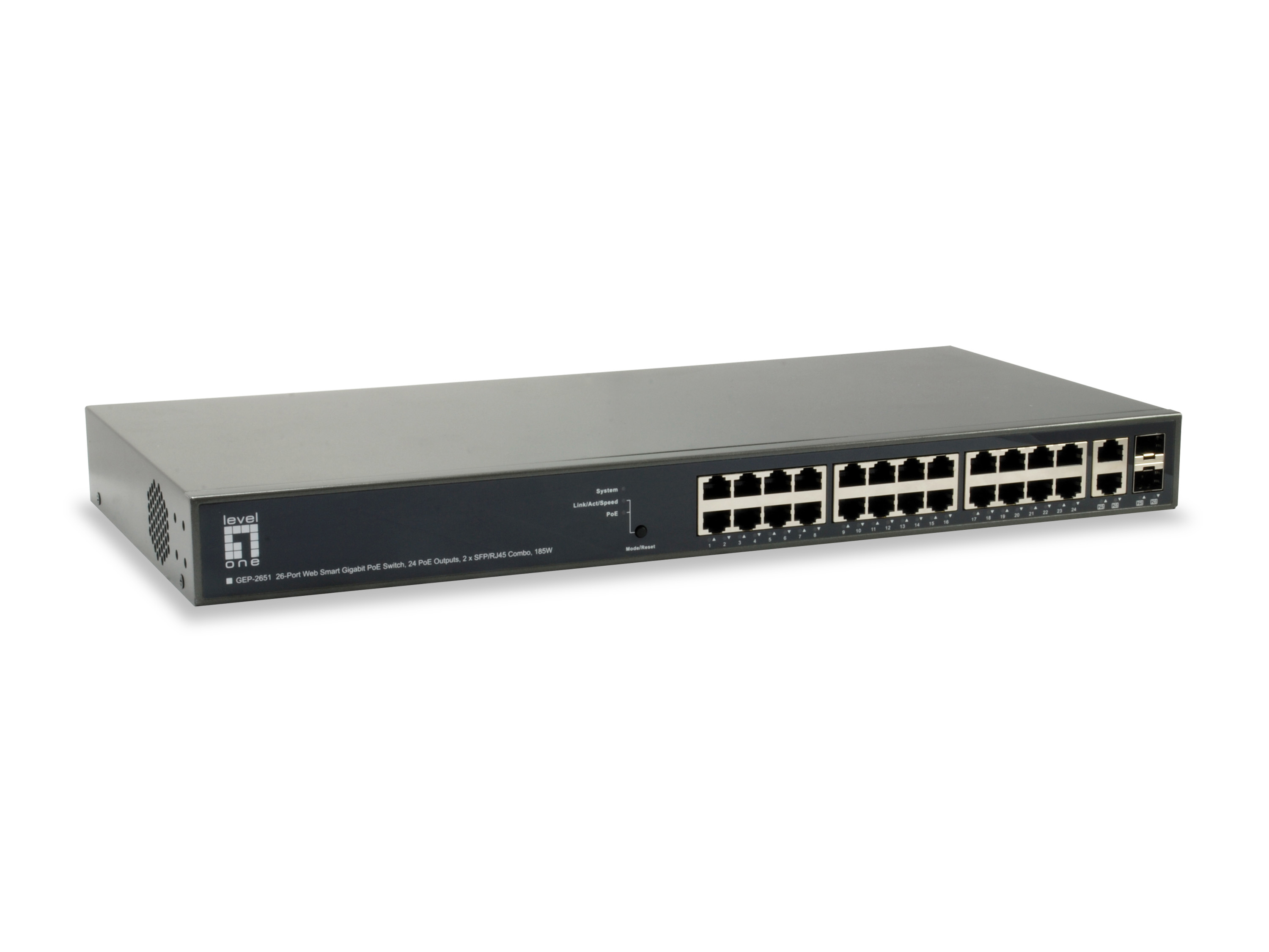 Uno switch PoE Gigabit Level One GEP-2651 a 26 porte con numerose porte Ethernet.