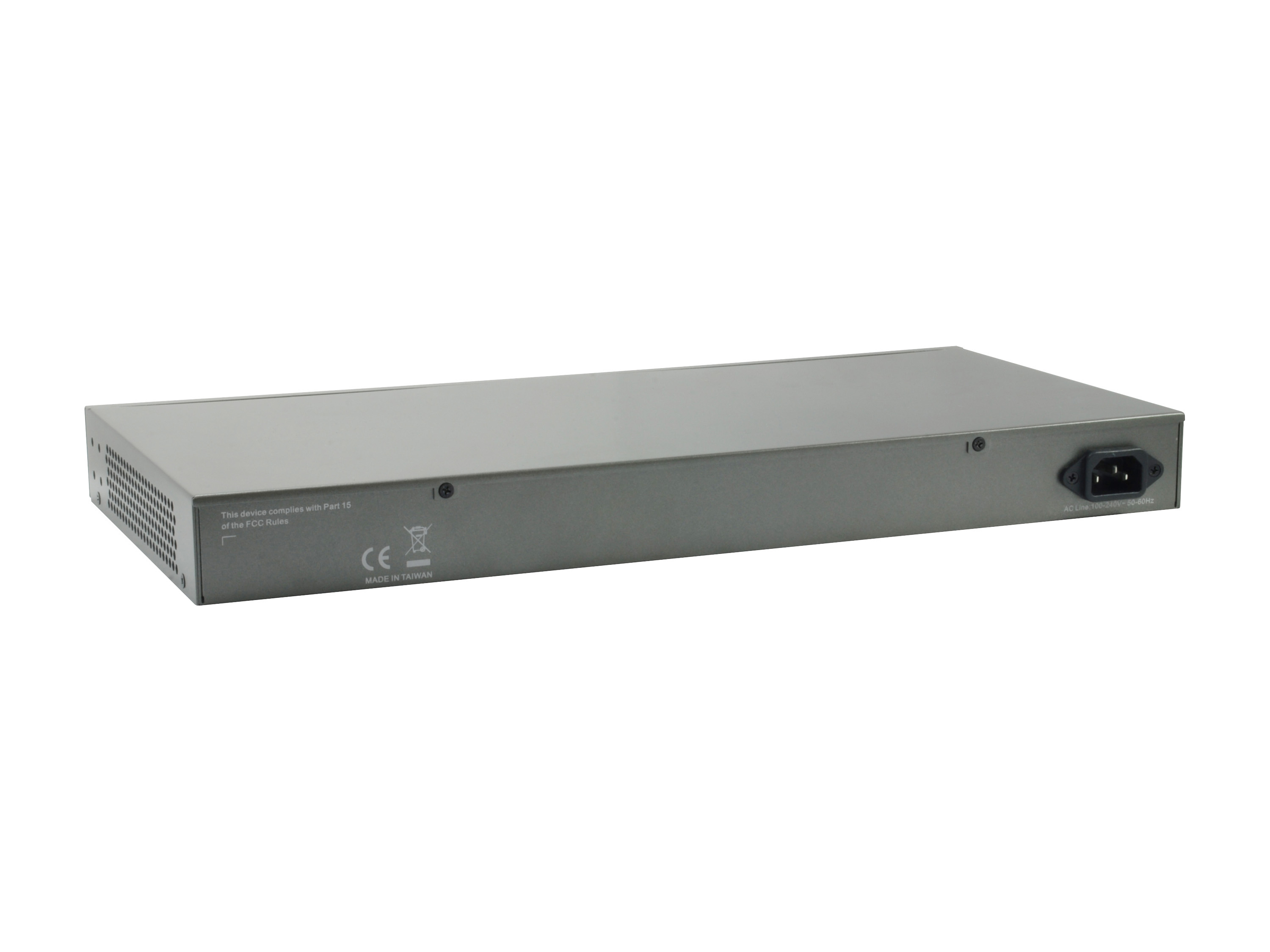 Switch di rete grigio con ingresso alimentazione AC e marchi FCC/CE.