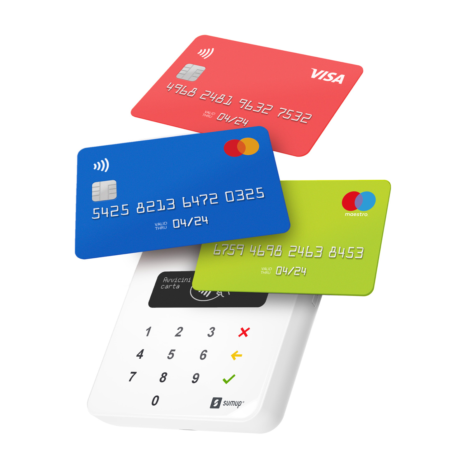 Tre carte di credito (Visa, Maestro) su un terminale di pagamento bianco.