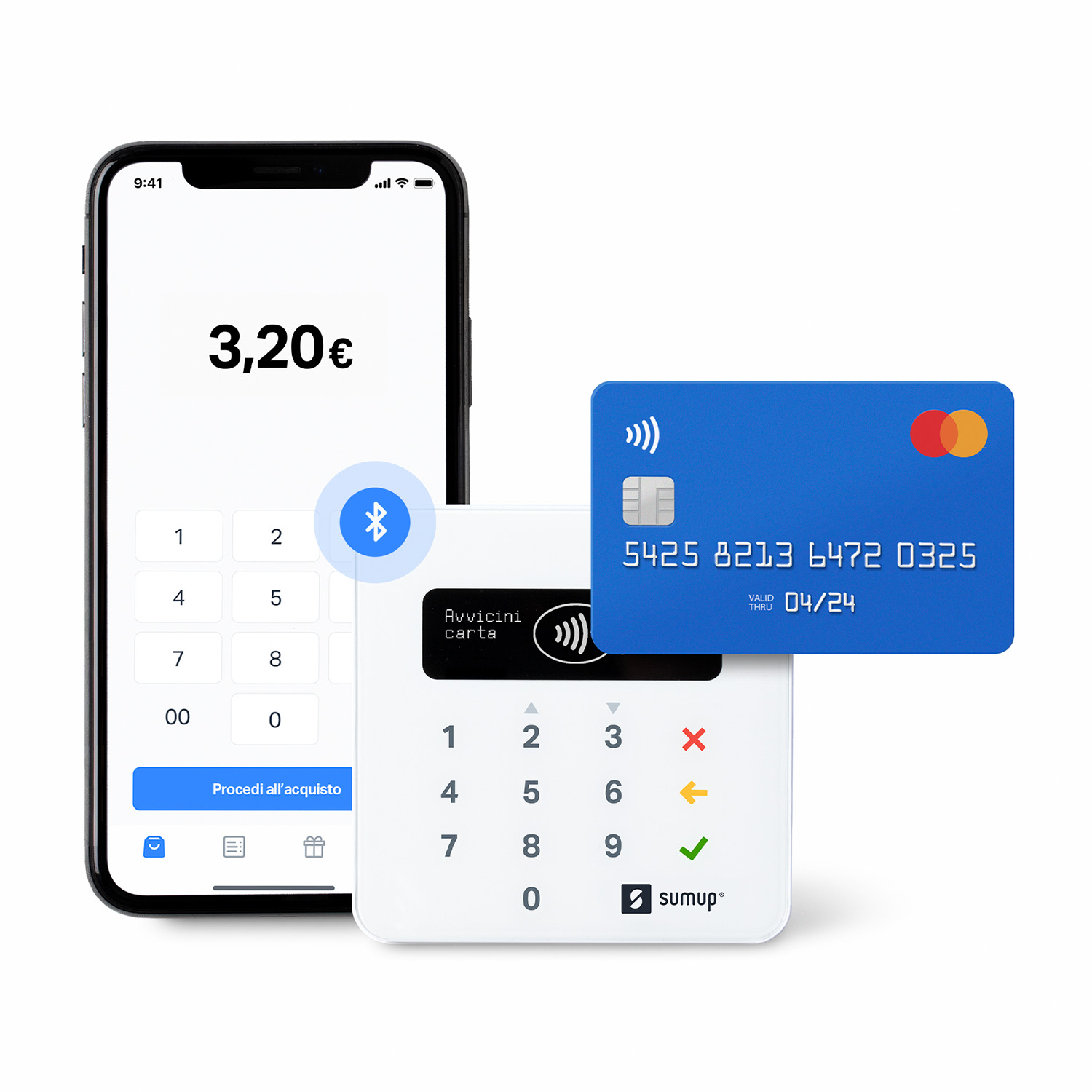 iPhone con 3,20€, carta di credito blu e terminale SumUp bianco.