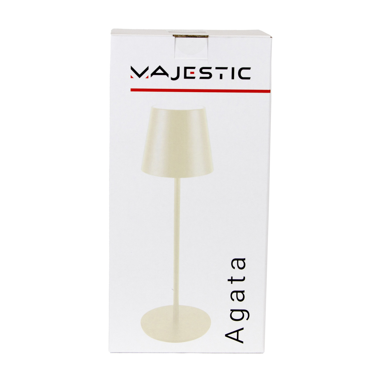 Una scatola bianca mostra una lampada da tavolo beige con paralume conico e base rotonda.