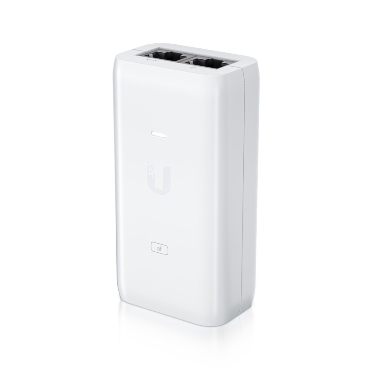 Un dispositivo di rete bianco con due porte Ethernet in alto e un logo.