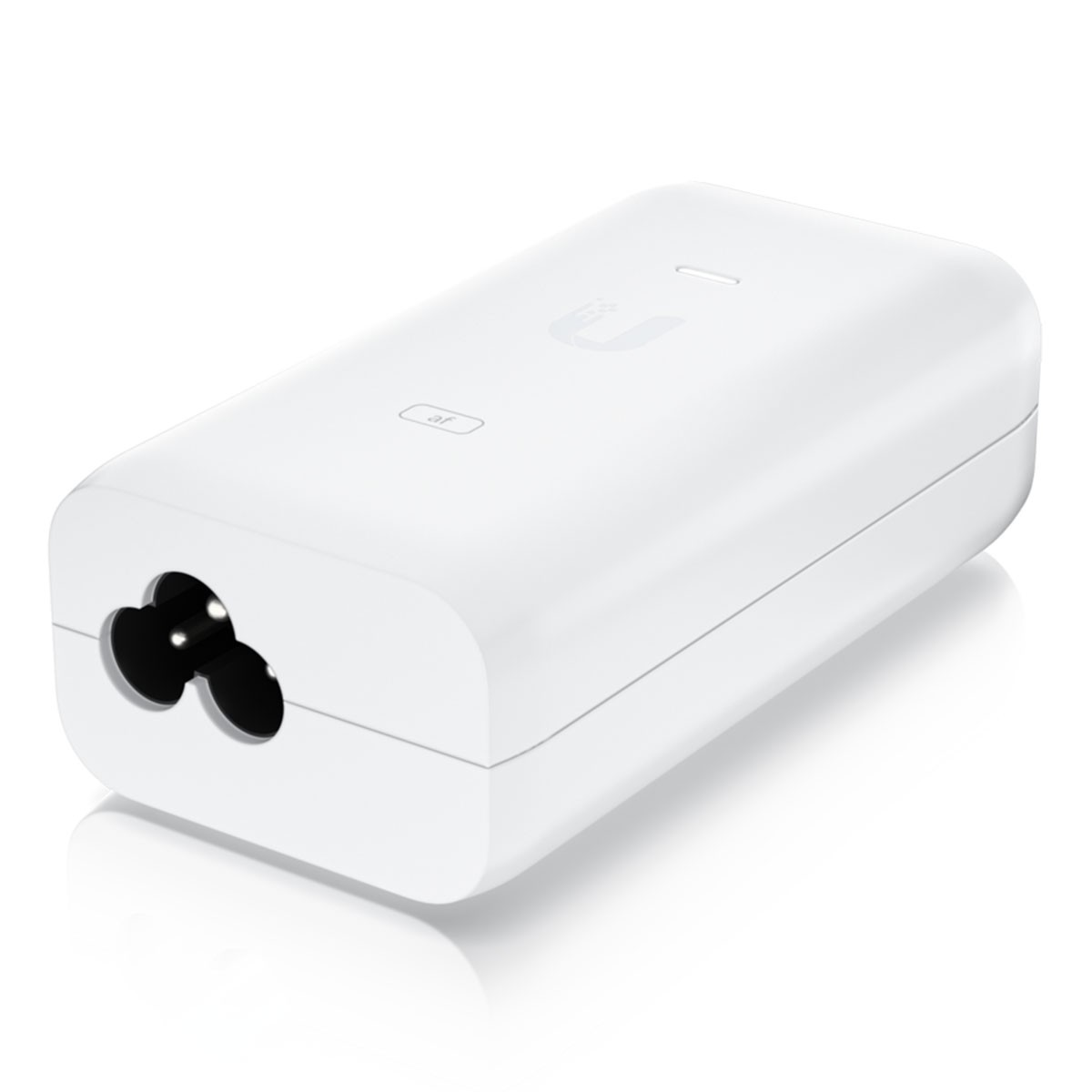 Un adattatore PoE Ubiquiti airMAX bianco con due porte nere.
