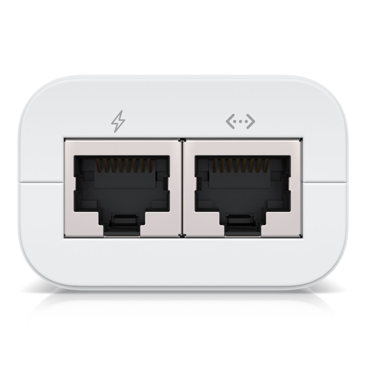Adattatore bianco con due porte RJ45 e icone di alimentazione e trasferimento dati.