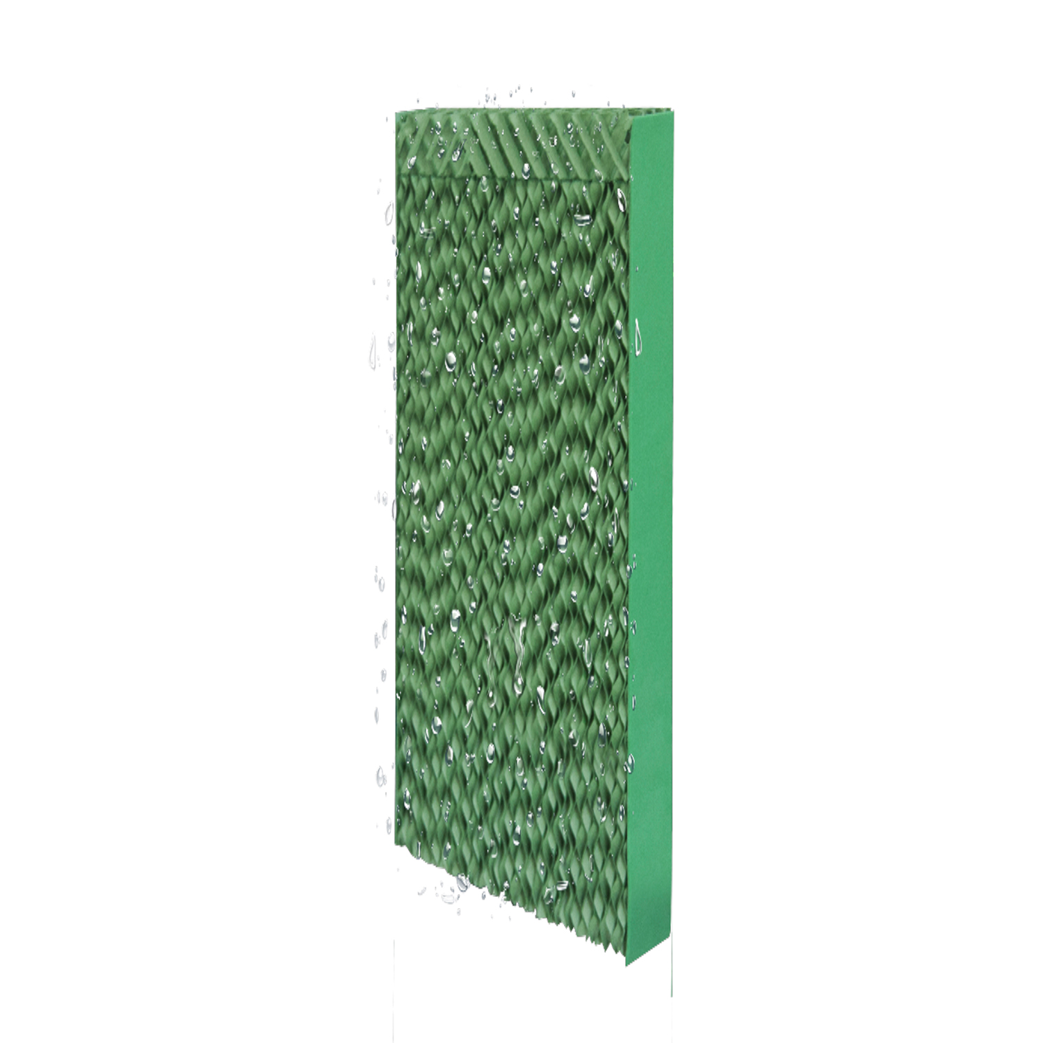 Panel de enfriamiento verde con gotas de agua, aislado sobre blanco.