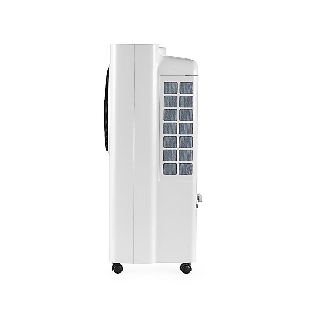 Enfriador de aire blanco con ventilador negro a la izquierda y panel de rejillas a la derecha, con ruedas.
