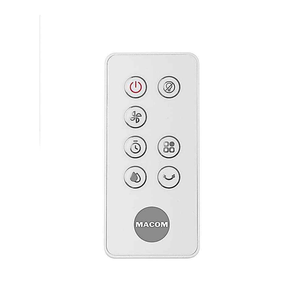 Mando a distancia blanco con logo MACOM. Botones: encendido, ventilador, temporizador, gota de agua, apagado y dos más.