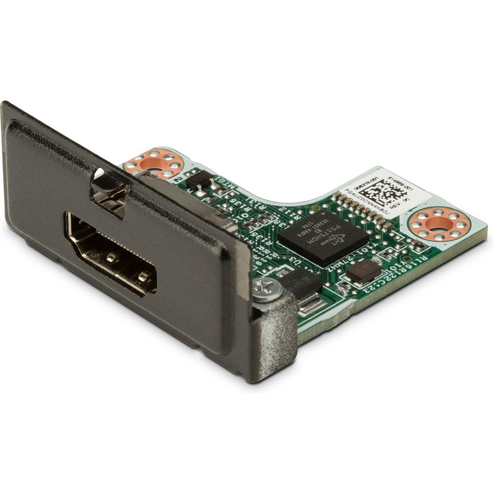 Primo piano di una scheda verde con porta HDMI e vari componenti elettronici.