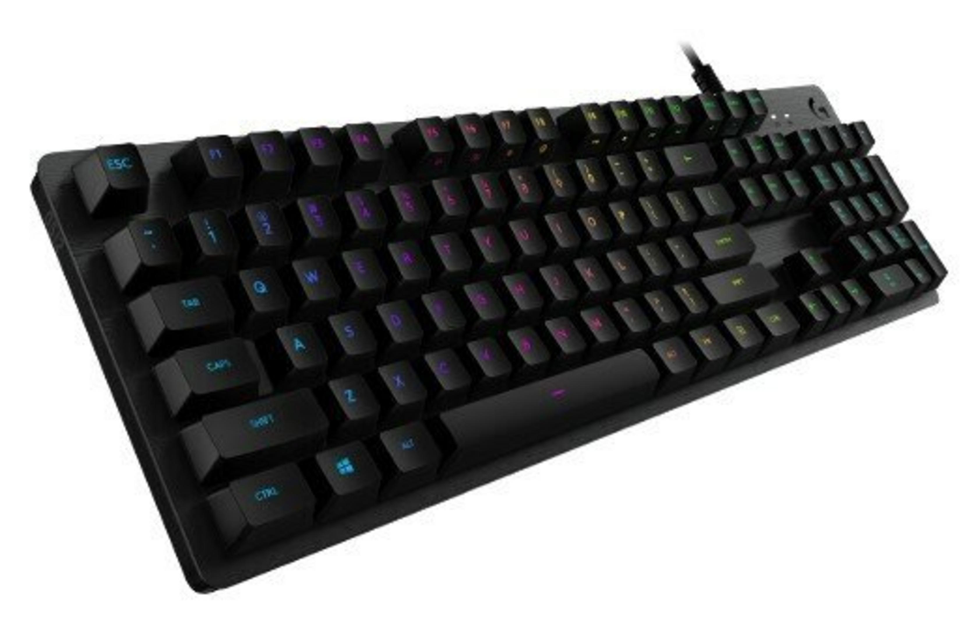 Tastiera nera con retroilluminazione RGB colorata, vista ravvicinata.