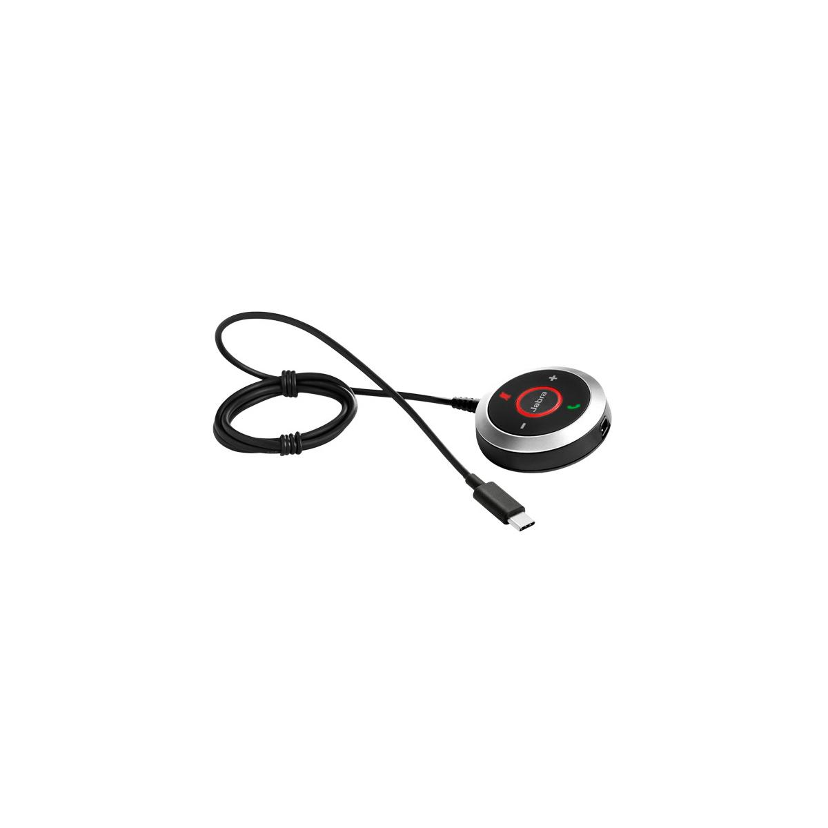 Vivavoce Jabra con cavo USB-C e pulsante mute su sfondo bianco.