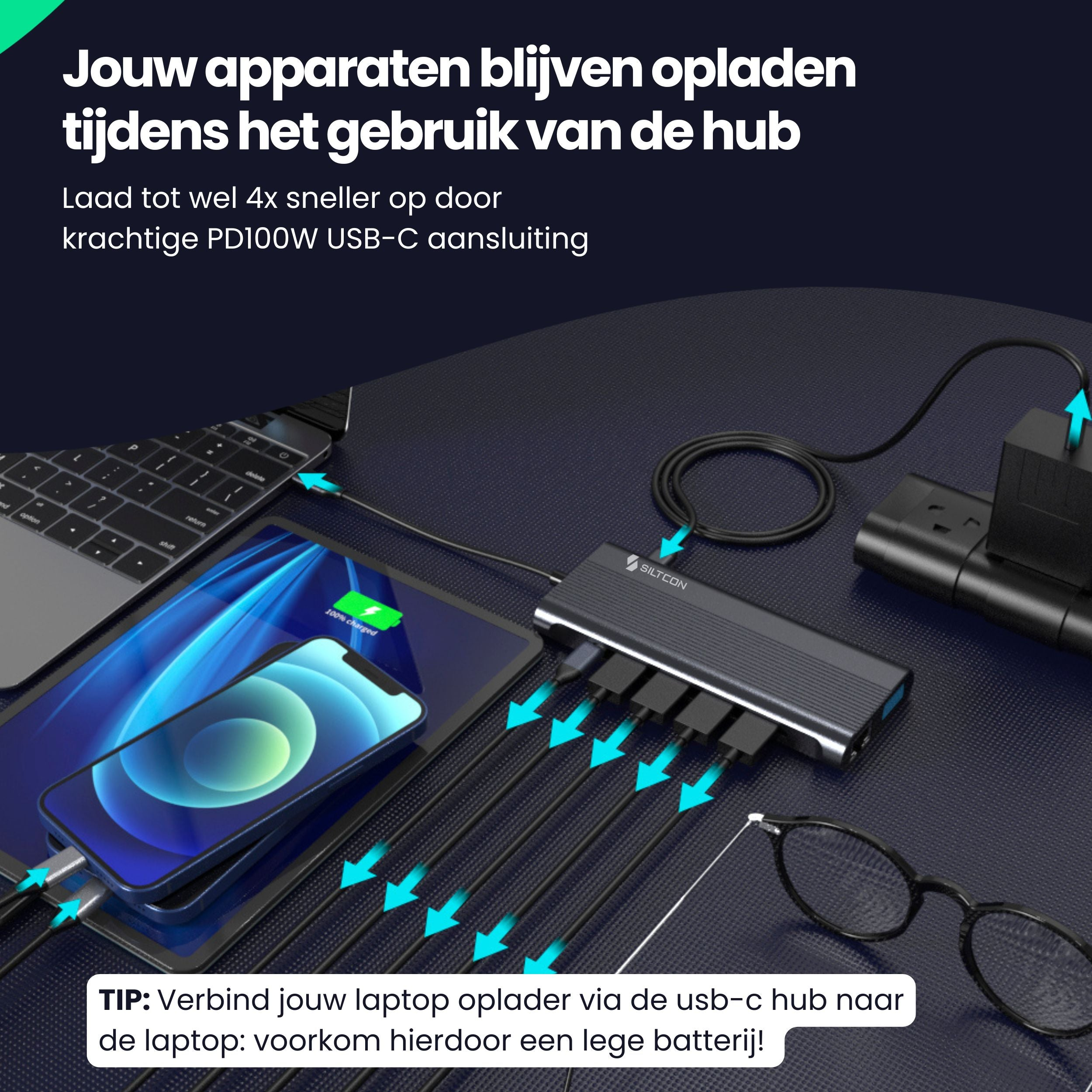 A USB-C hub charges an iPhone, tablet, and laptop. Blue arrows indicate charging.
