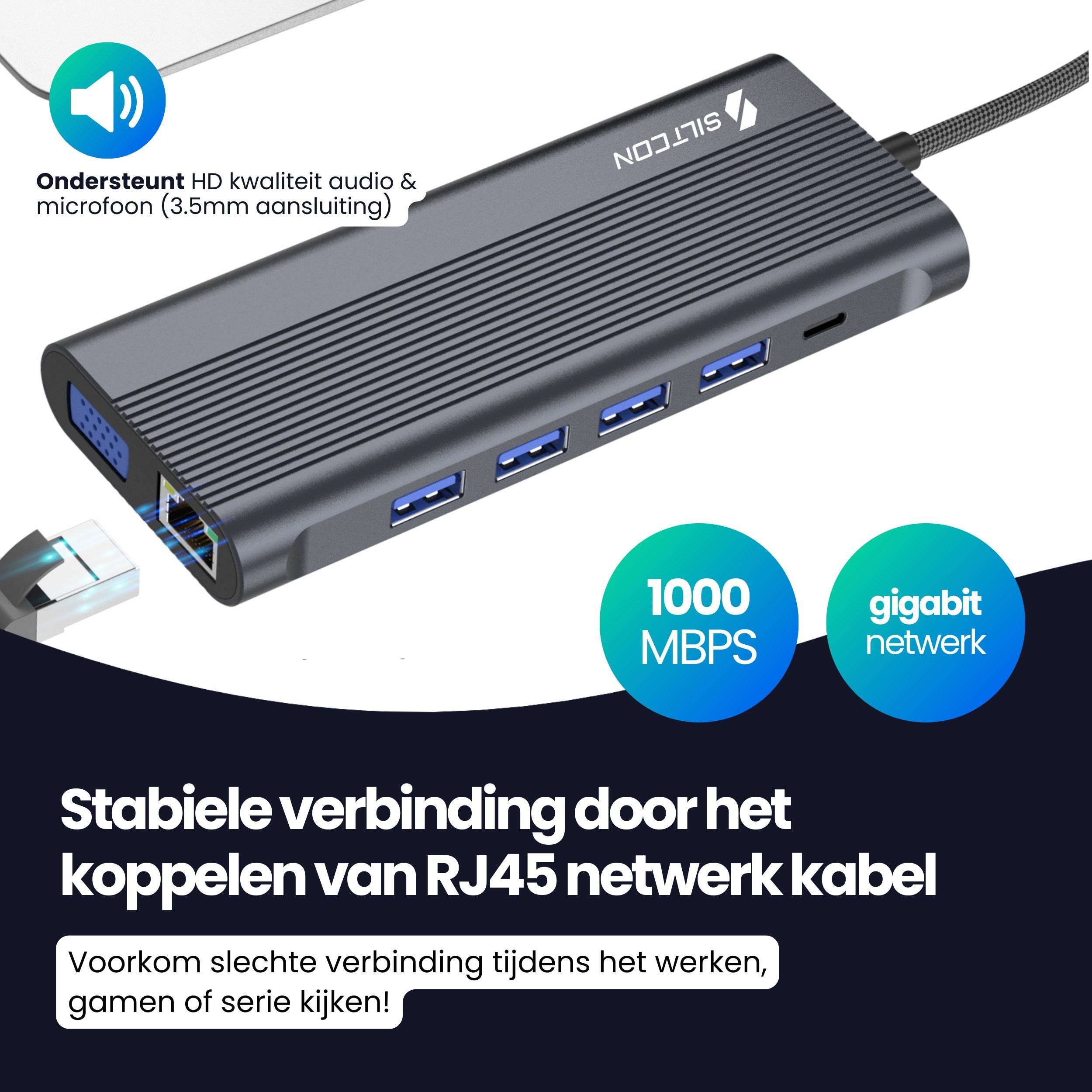 Gray USB hub with ports, 1000 Mbps and gigabit network.