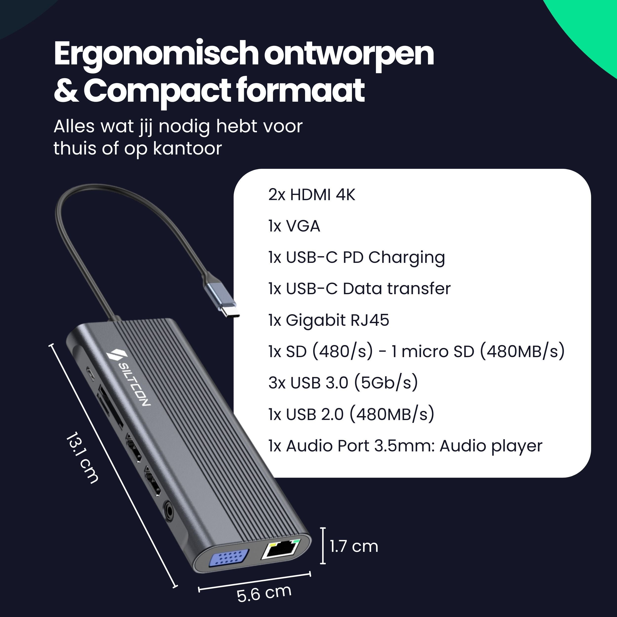 Gray USB-C hub with ports: 2x HDMI, 1x VGA, 2x USB-C, 1x RJ45, SD/MicroSD, 3x USB 3.0, 1x USB 2.0, Audio.