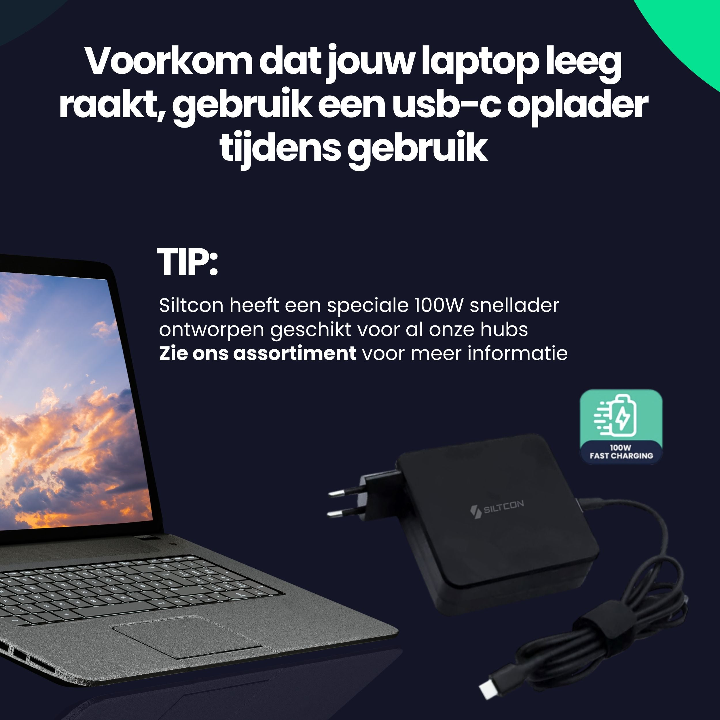 Laptop with USB-C charger. A black Siltcon 100W power adapter with cable.