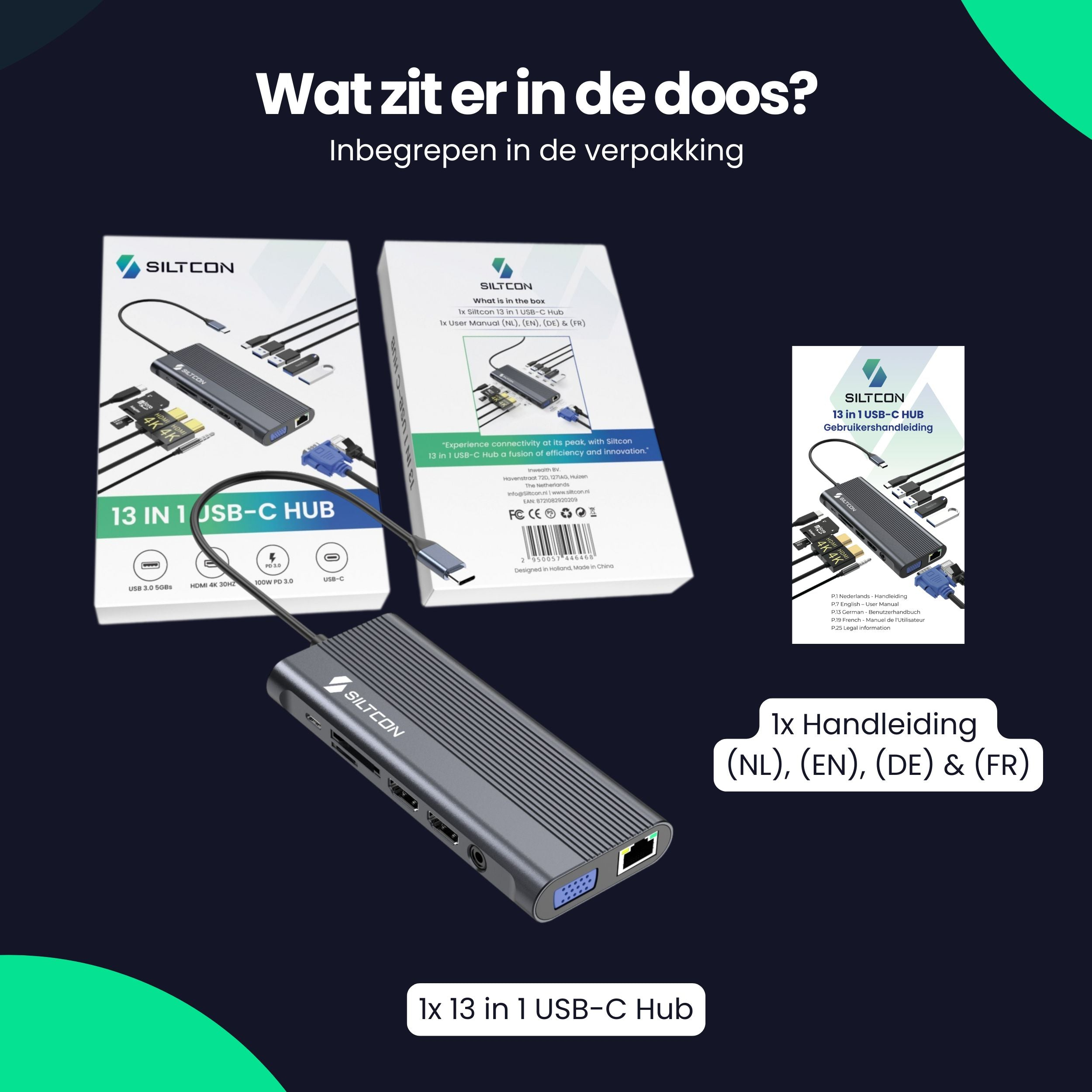 Gray Siltcon 13-in-1 USB-C hub with multiple ports, cables, and boxes.
