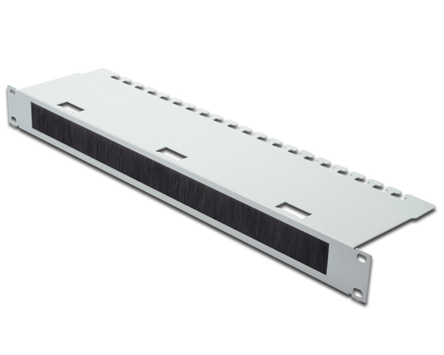 Un pannello bianco per spazzole da montaggio rack con bordi perforati e setole nere.
