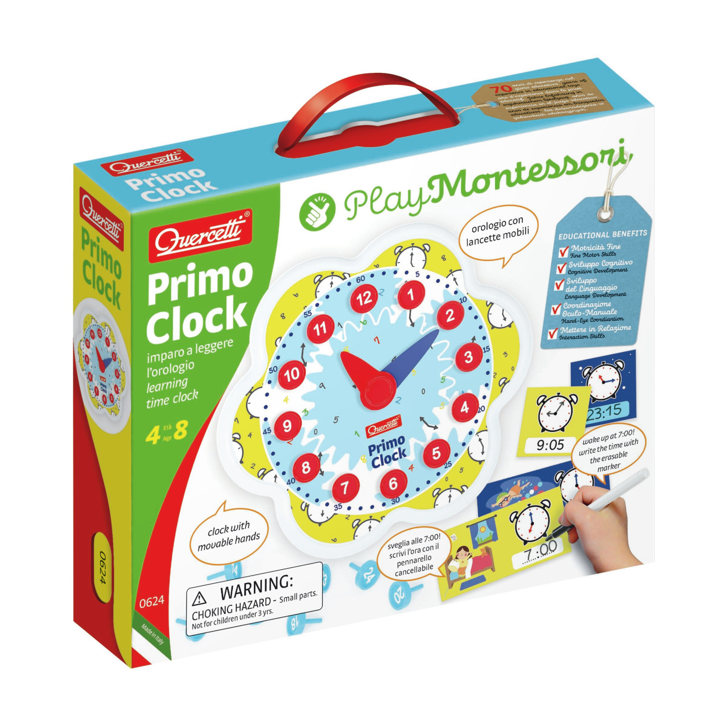 Scatola del gioco educativo Quercetti Primo Clock, con quadrante colorato e lancette mobili.