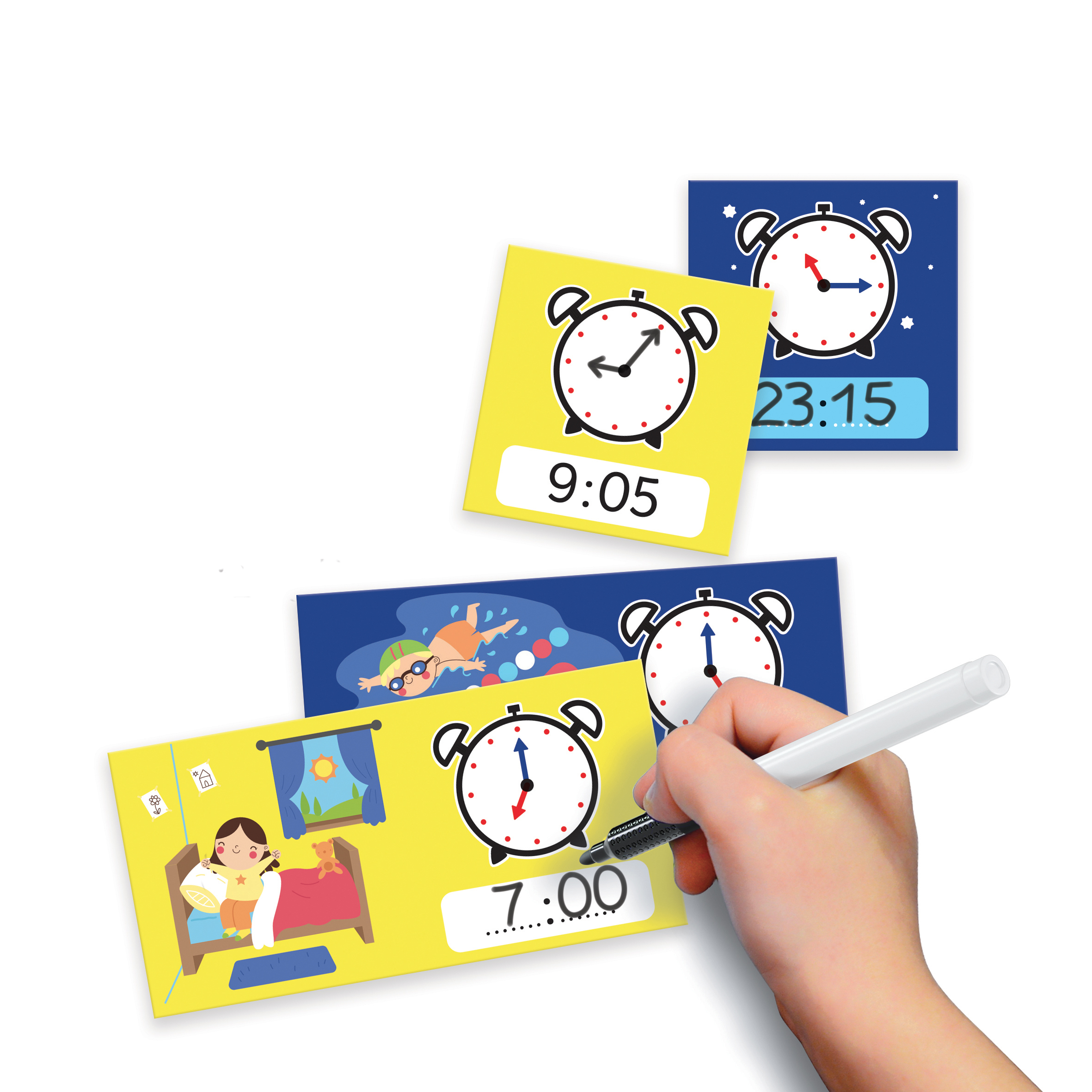 Carte mostrano orologi con orari: 7:00, 9:05, 23:15. Una mano scrive 7:00.
