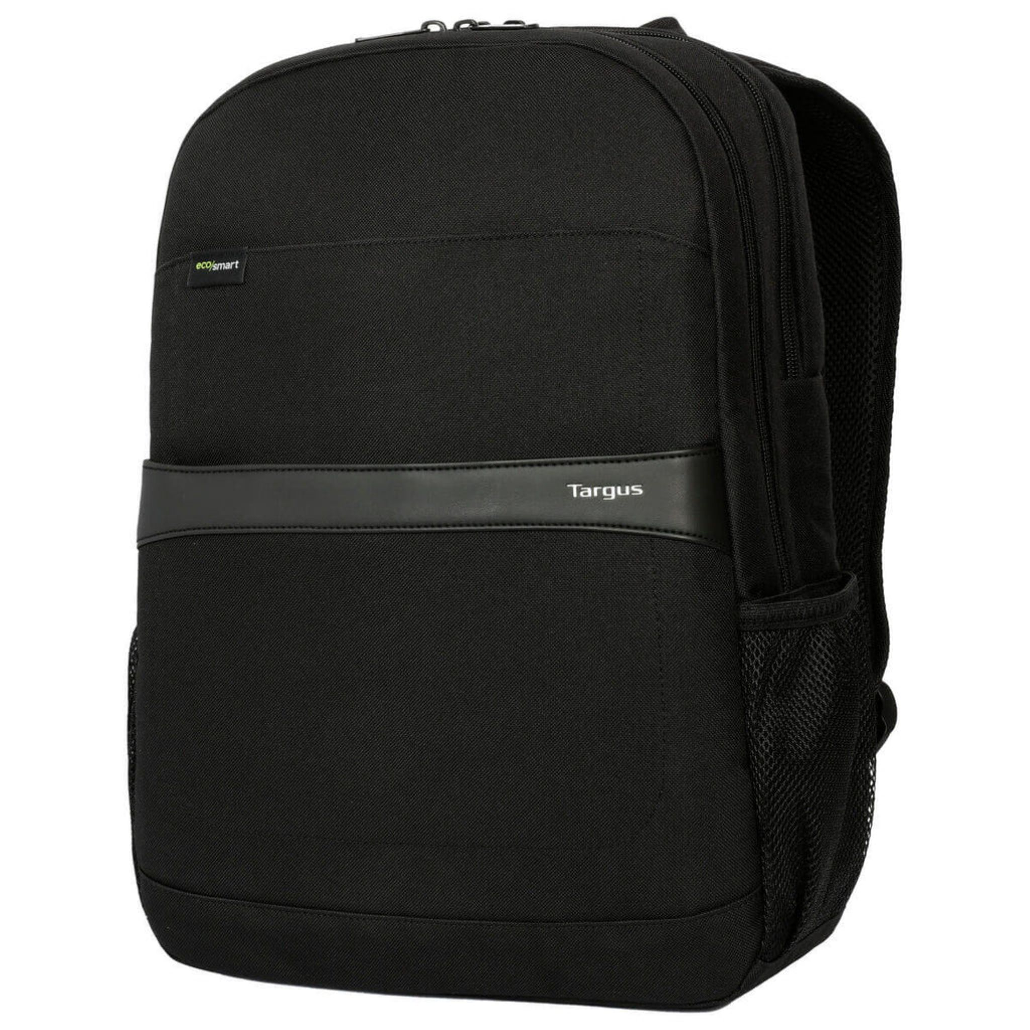 Uno zaino Targus nero con fascia accentata in pelle e tasche laterali in rete.