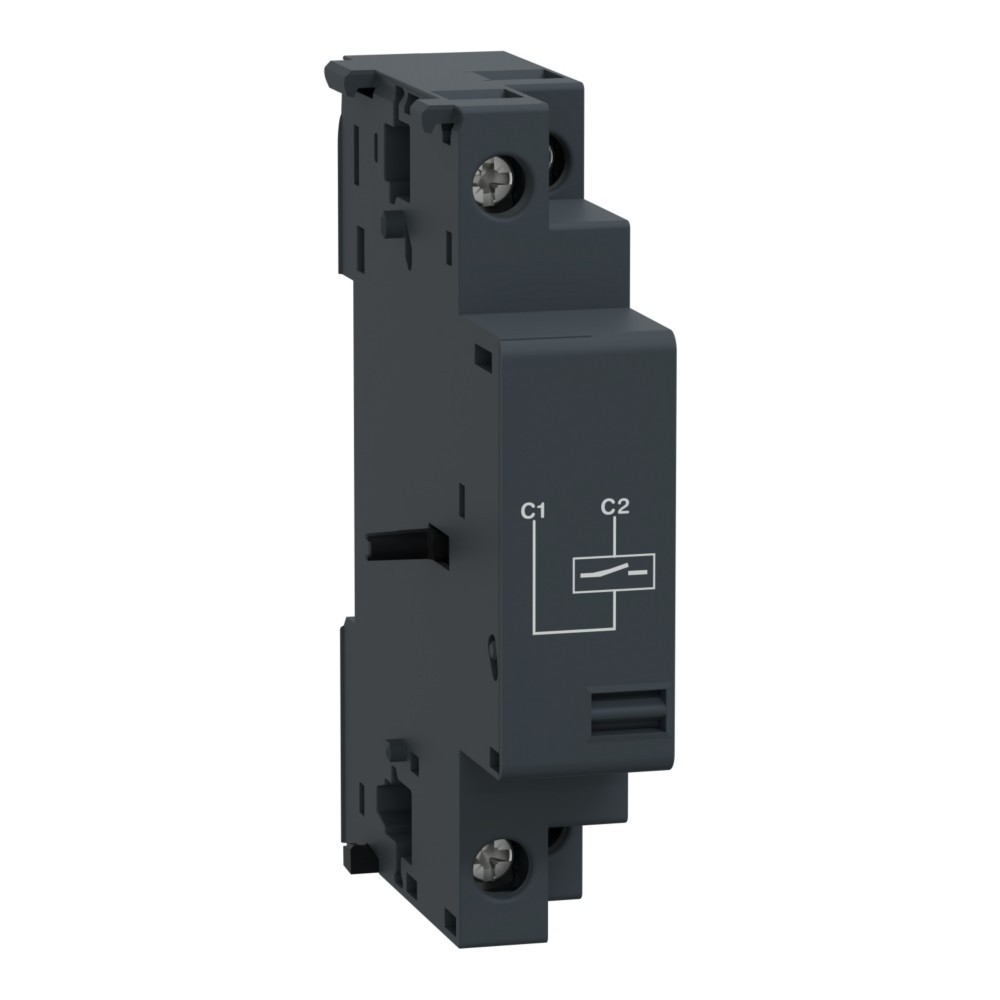 Componente elettrico grigio scuro con interruttore e simboli schema.