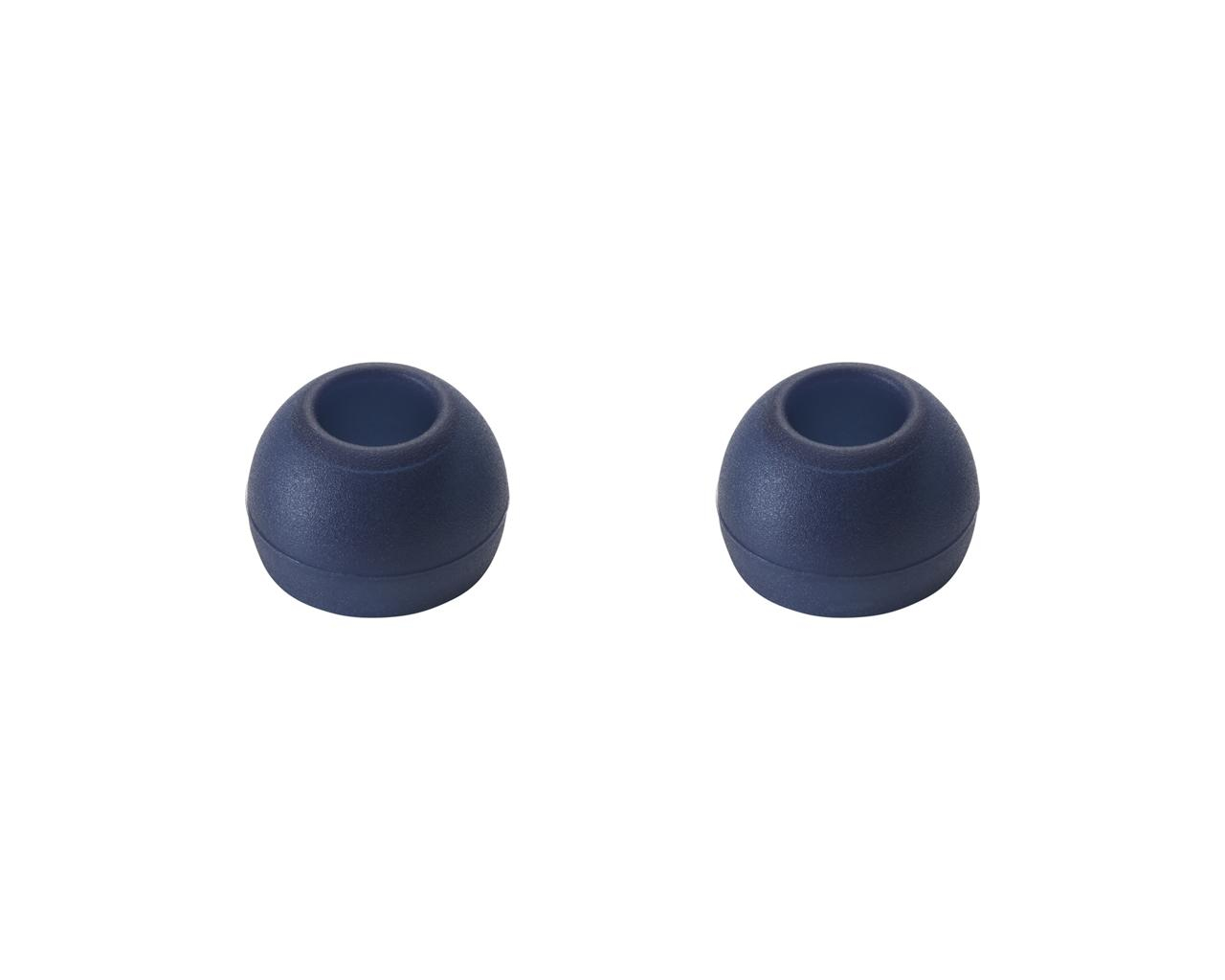 Due gommini per auricolari blu scuro sono mostrati su sfondo bianco.