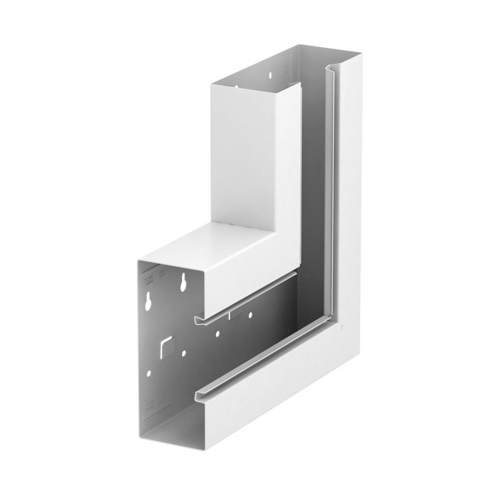 Un profilo metallico bianco a L con fori di montaggio e grondaia superiore.
