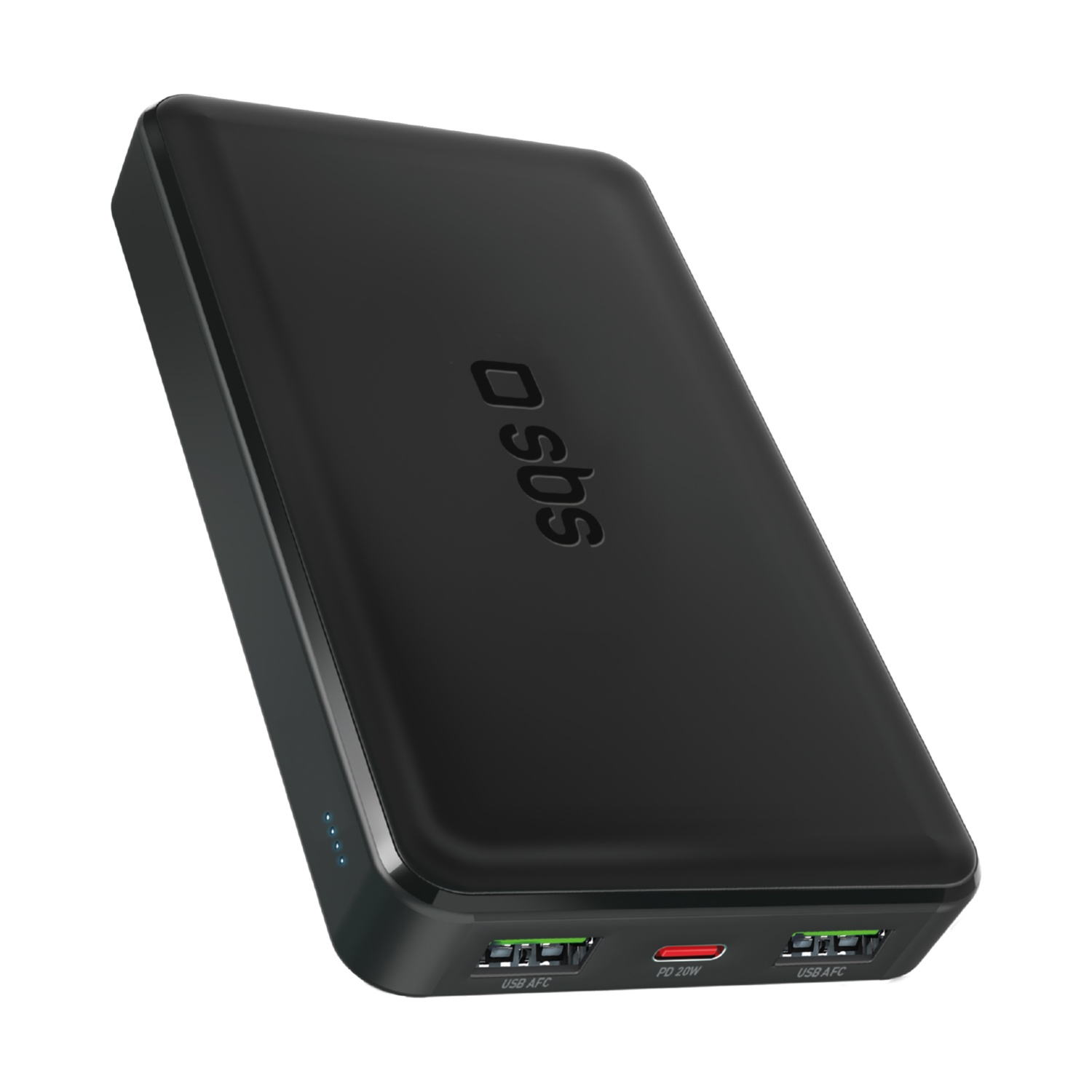 Schwarzes SBS Powerbank mit USB-A- und USB-C-Anschlüssen, PD 20W.