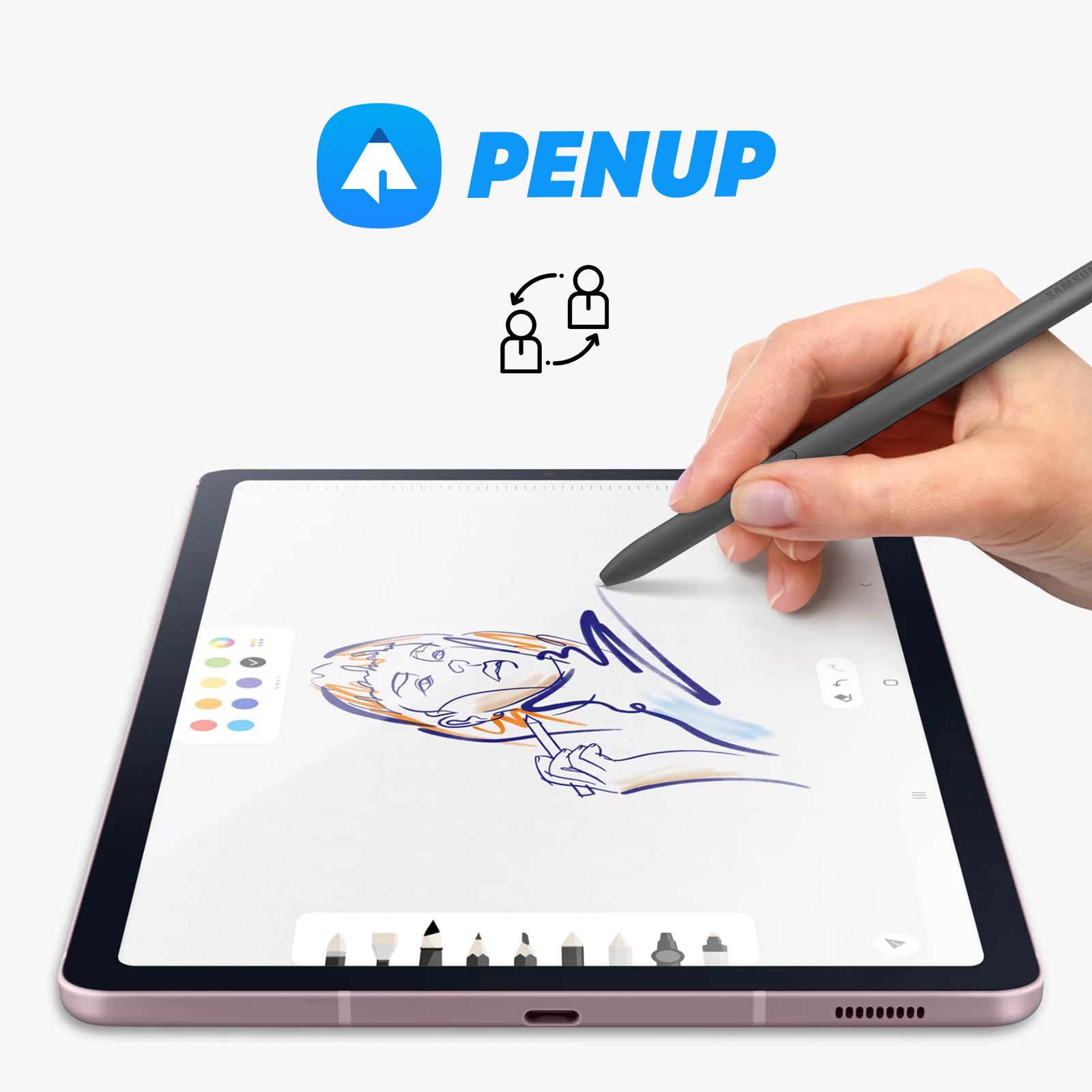 Una mano usa uno stilo su un tablet per disegnare un ritratto. Il logo PenUp è visibile.