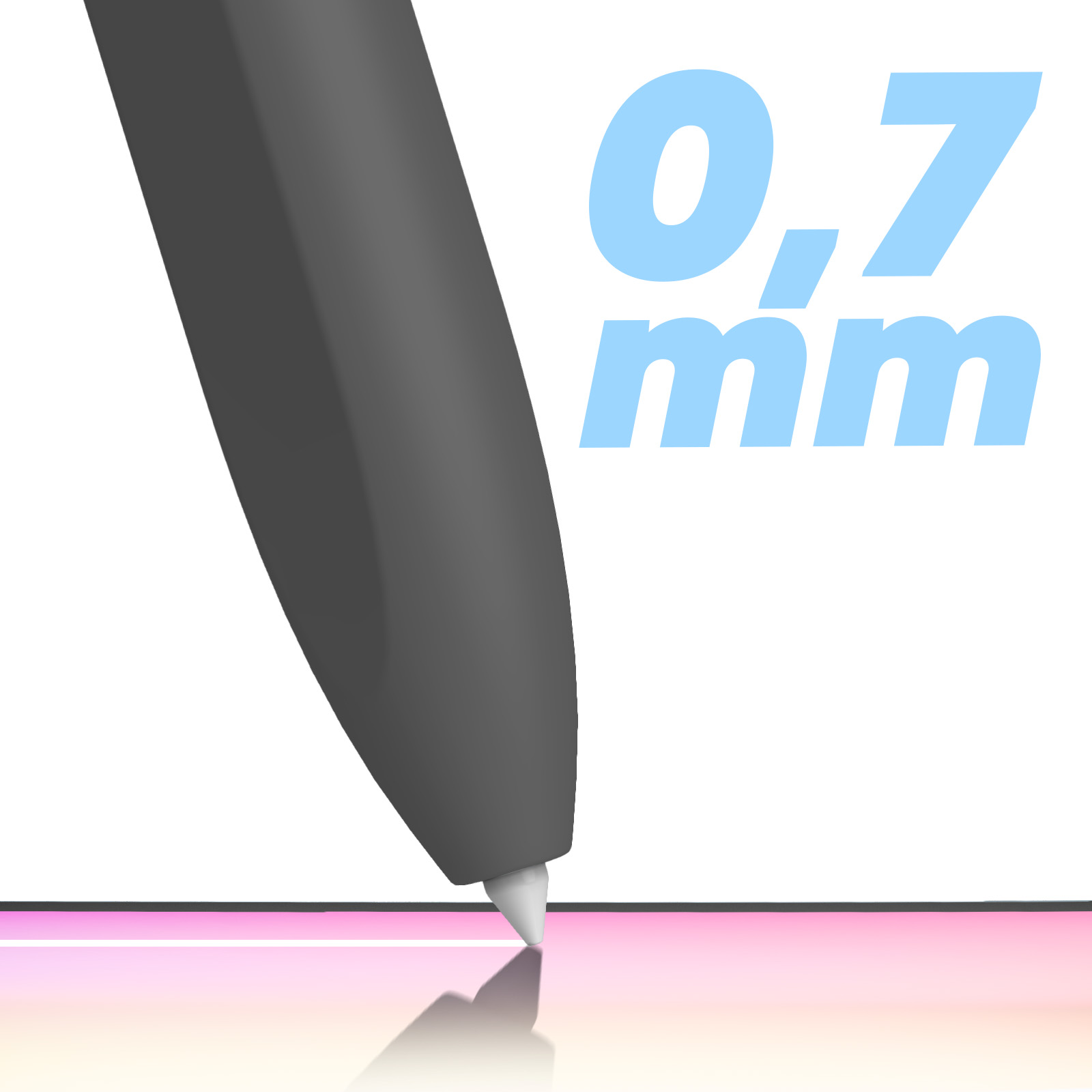 La punta di uno stilo nero tocca una superficie, con "0,7 mm" in testo blu.
