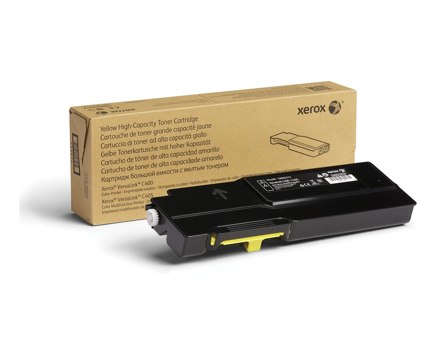 Una cartuccia toner Xerox gialla ad alta capacità per stampanti VersaLink C400/C405 è accanto alla sua scatola.