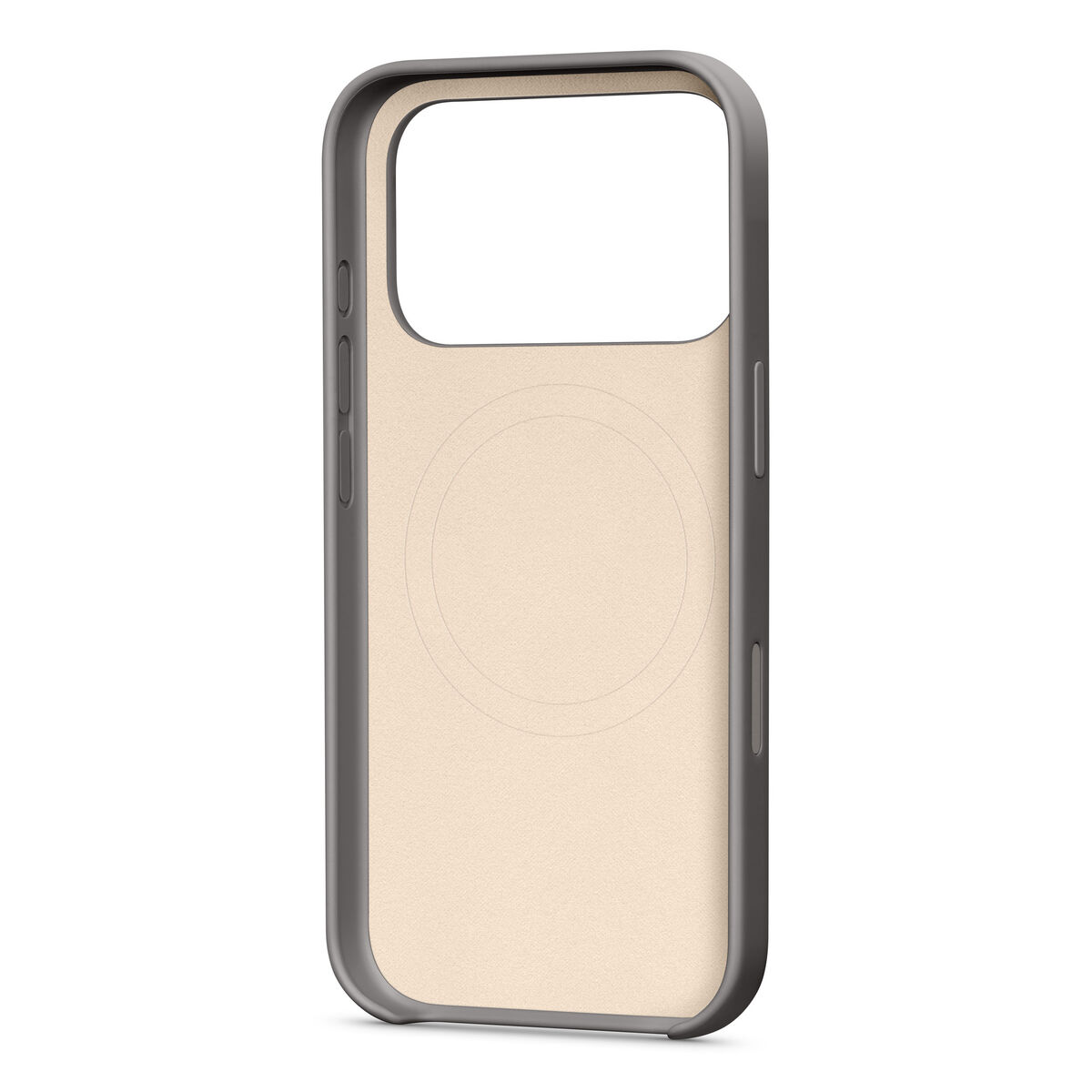 Una funda de teléfono beige con borde gris oscuro sobre fondo blanco.