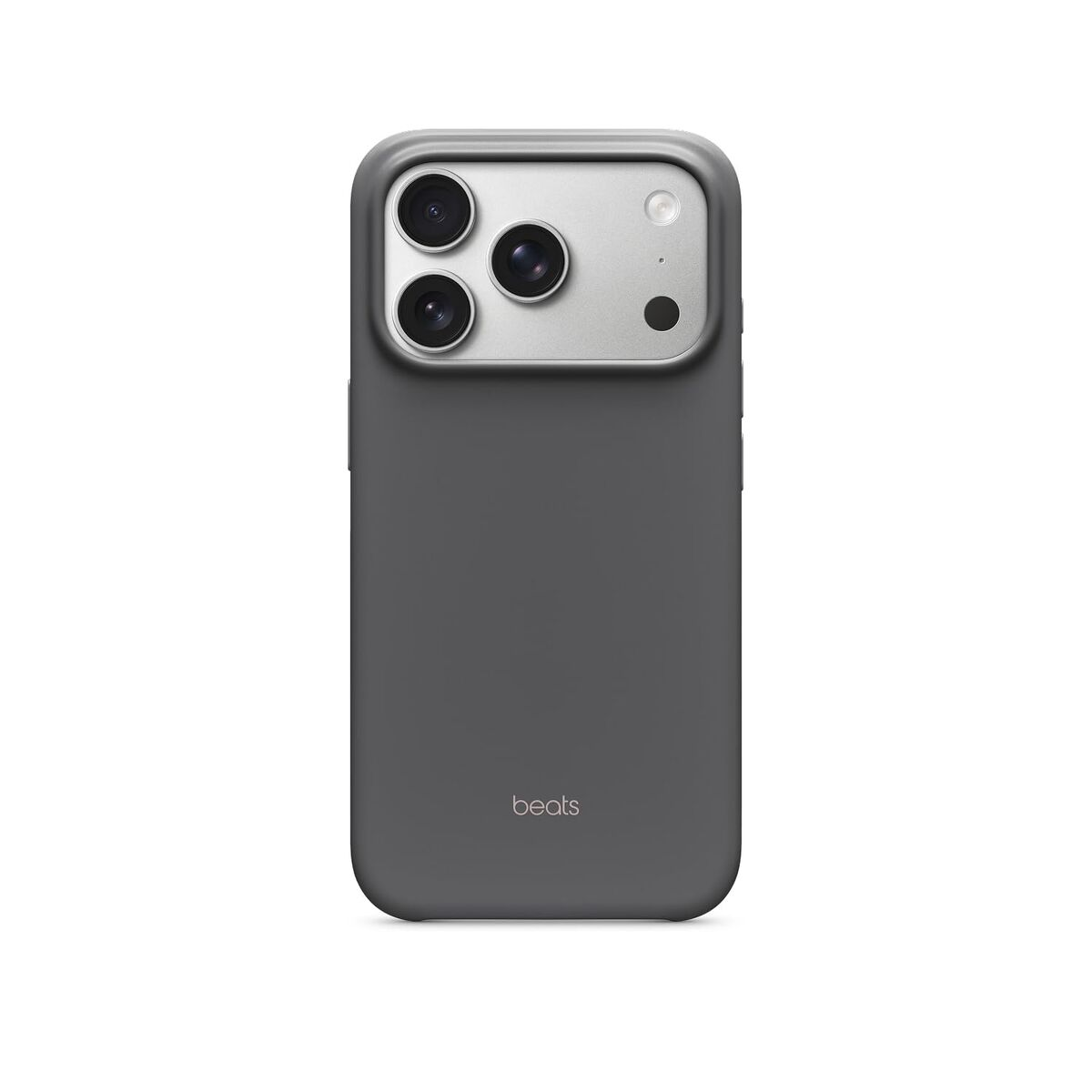 Funda gris para teléfono con tres cámaras y logo Beats sobre fondo blanco.