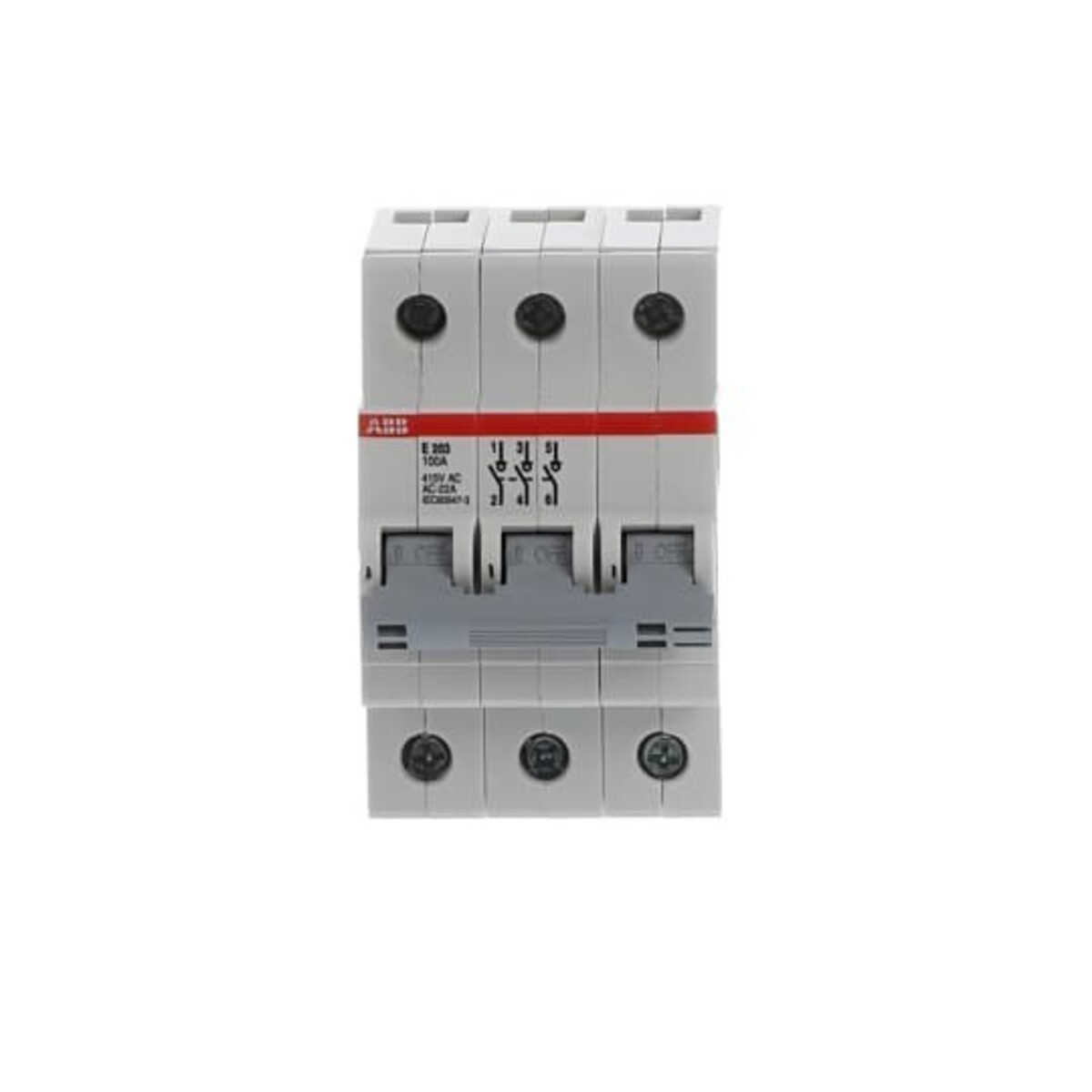 Un interruttore automatico trifase bianco con striscia rossa e interruttori grigi.
