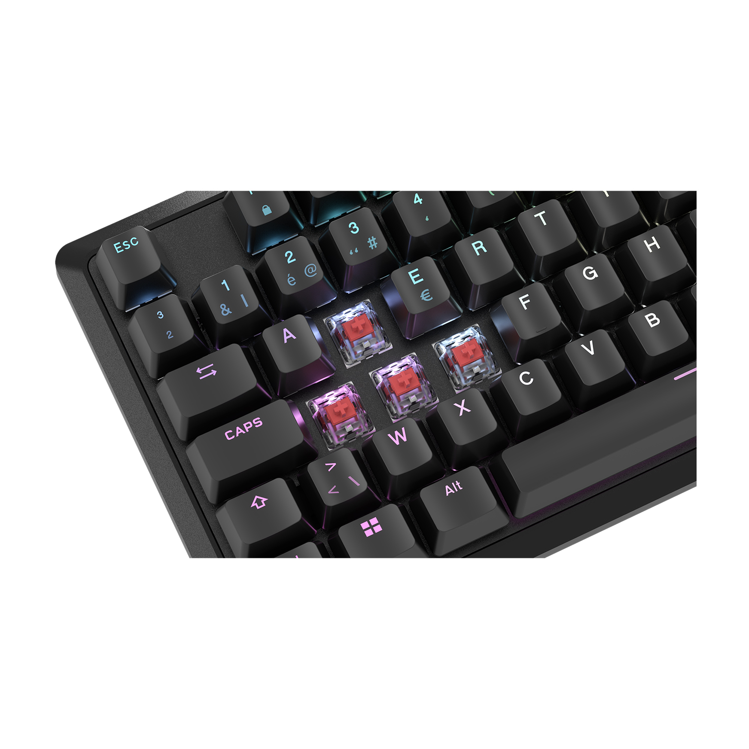 Zbliżenie czarnej klawiatury mechanicznej z widocznymi czerwonymi przełącznikami i podświetleniem RGB.