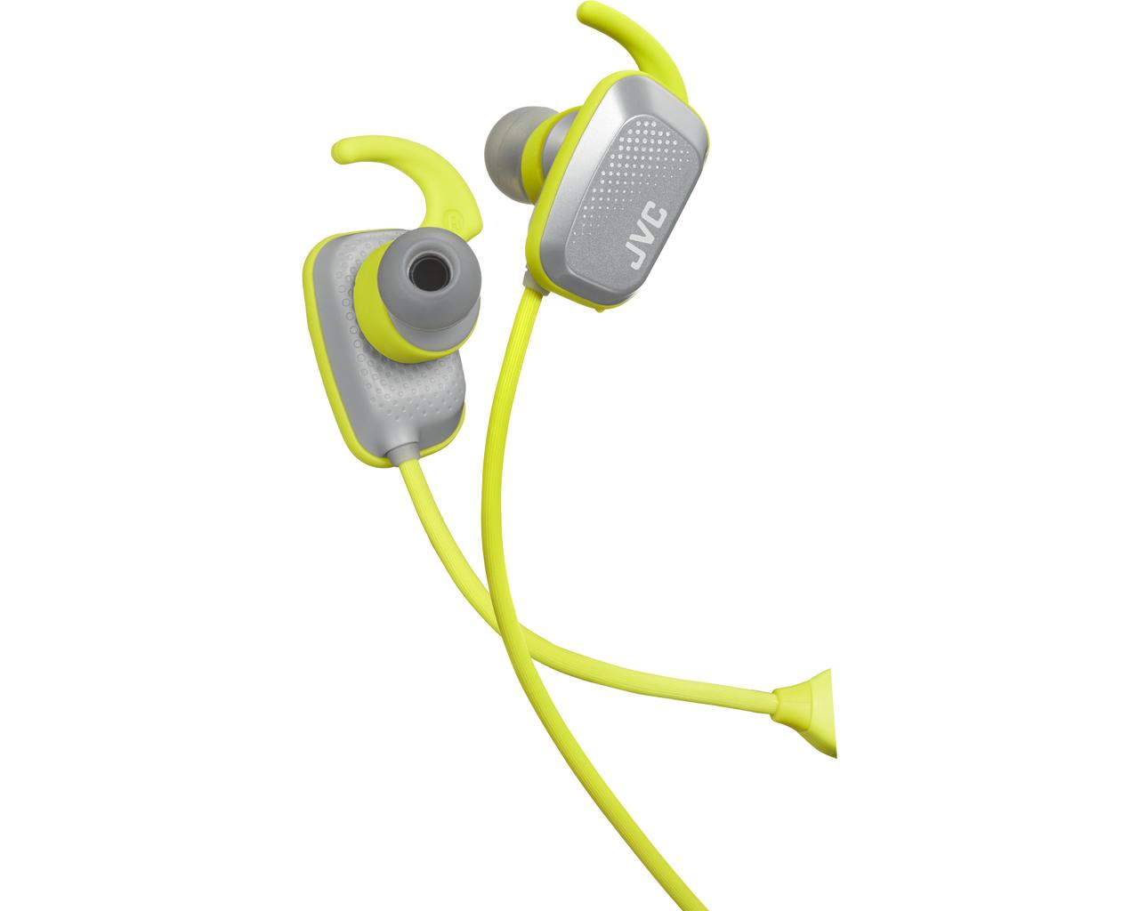 Auricolari JVC gialli e grigi con alette per una vestibilità sicura.