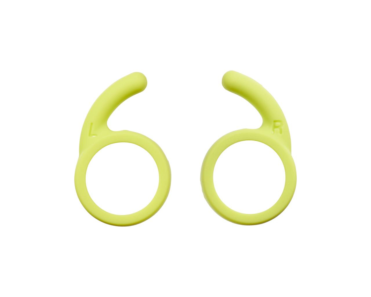 Due ganci auricolari verde lime, contrassegnati L e R, su sfondo bianco.