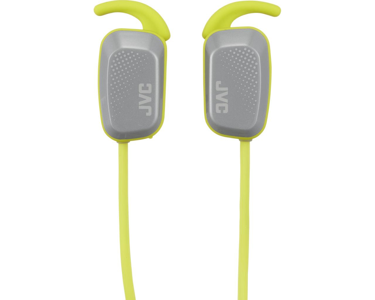 Coppia di auricolari JVC grigi con accenti giallo neon e cavi su sfondo bianco.