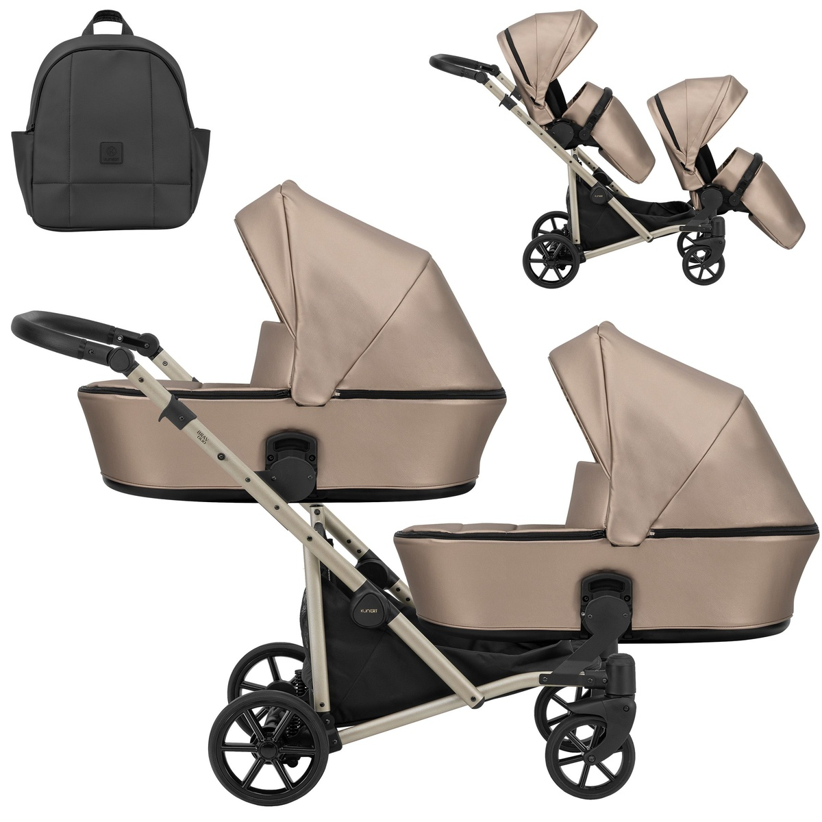 Ein schwarzer Rucksack, ein beiger Geschwisterwagen mit hochgeklappten Hauben und eine beige Babywanne auf einem Kinderwagengestell.