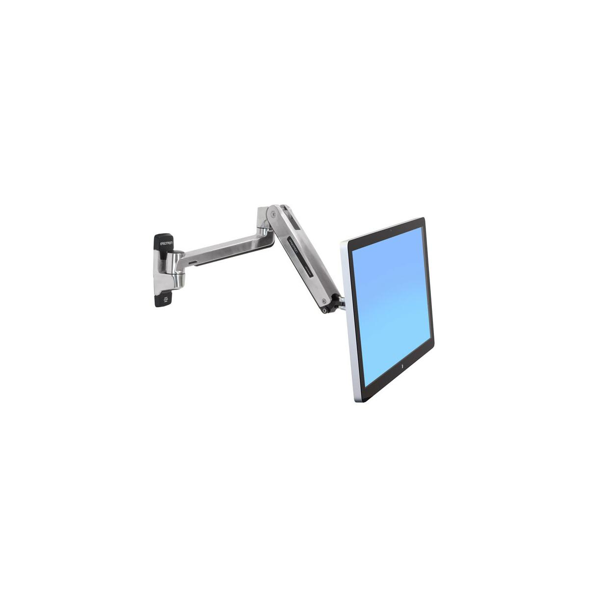 Un braccio per monitor argentato con un monitor montato a parete.