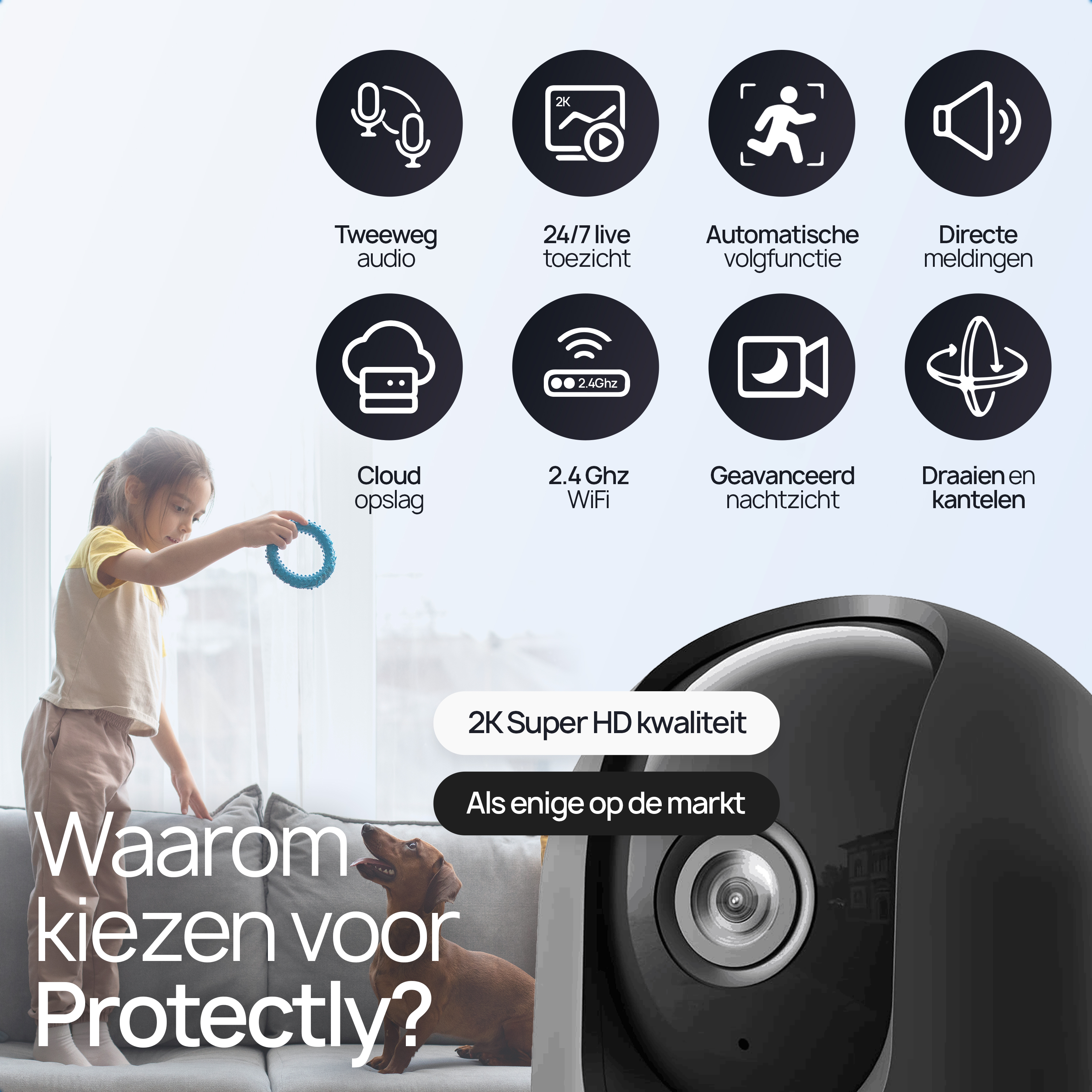 A girl plays with a dog next to a security camera. Icons show features.