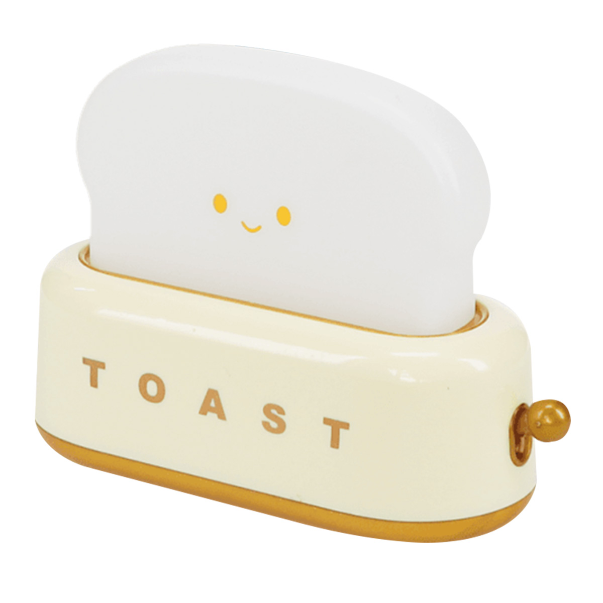 Ein niedliches cremefarbenes Nachtlicht in Toasterform mit einem lächelnden Gesicht.