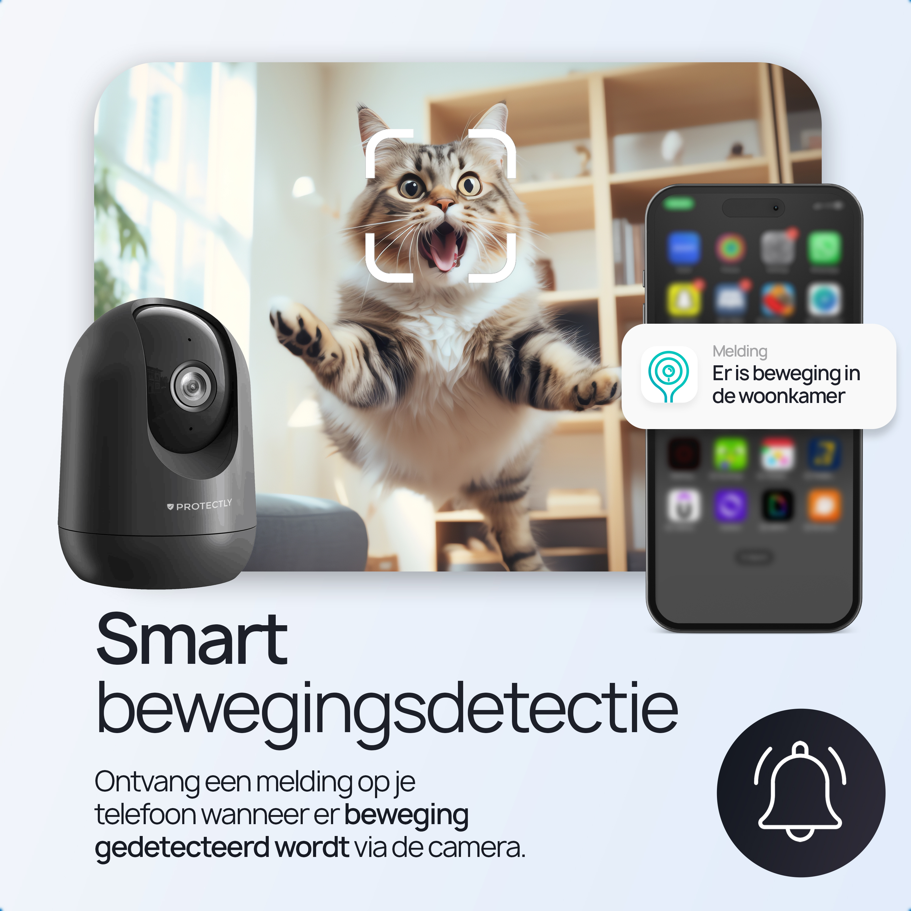 A security camera shows a cat with a notification on a phone.