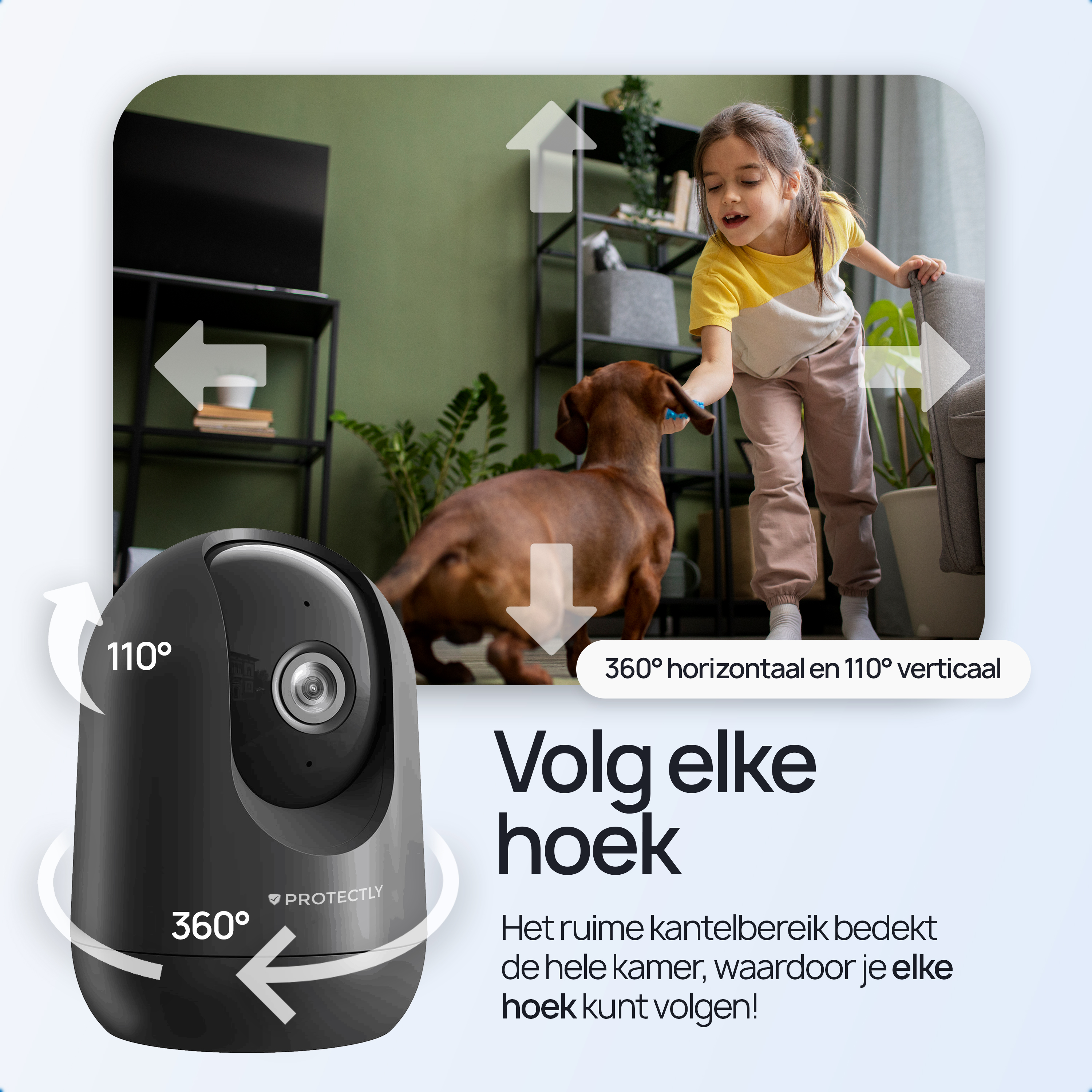 A girl feeds a dog, a security camera with 360° rotation is shown.