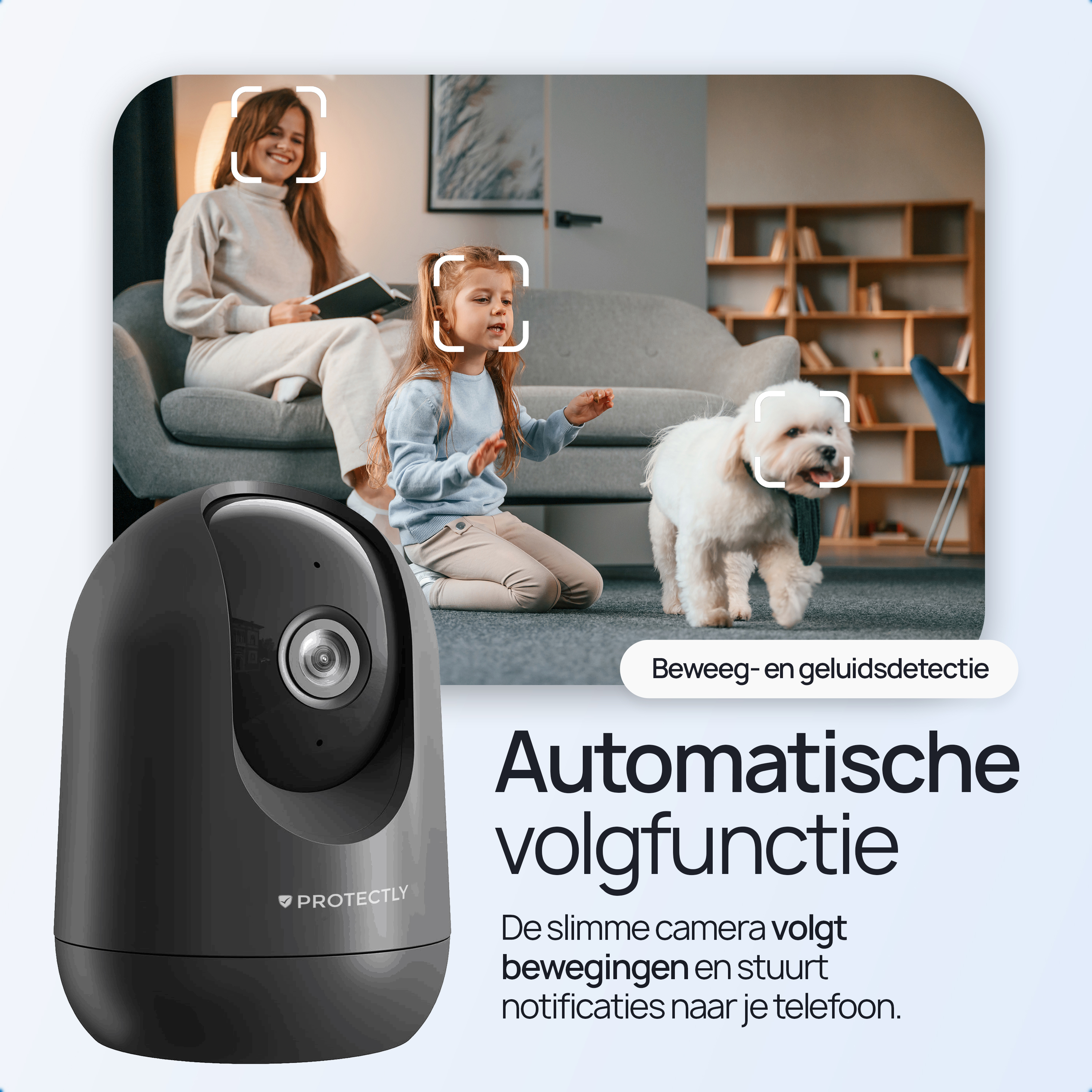 A black security camera with a woman and child in the background.