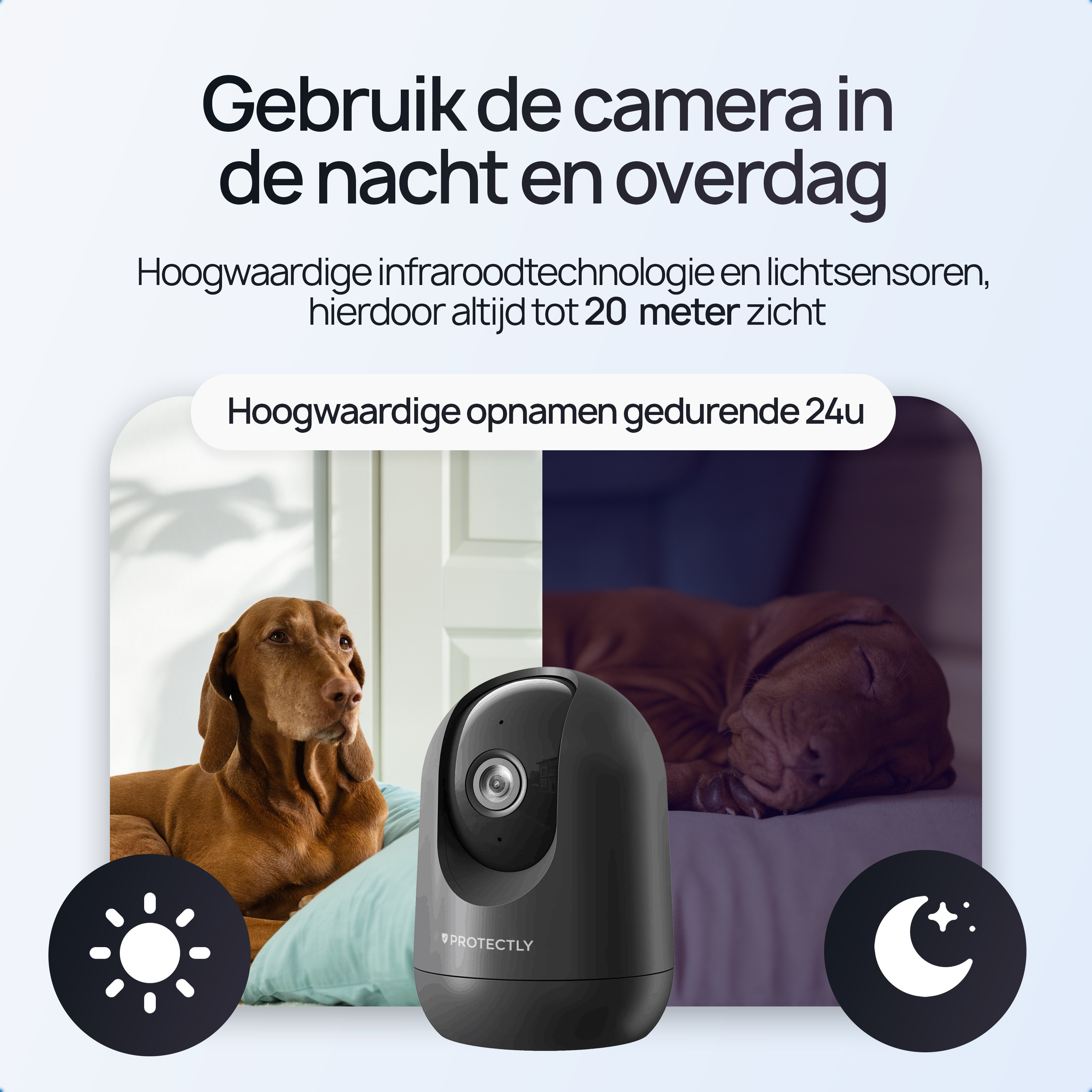 A dog rests on a bed, beside it a security camera capable of day and night recording.