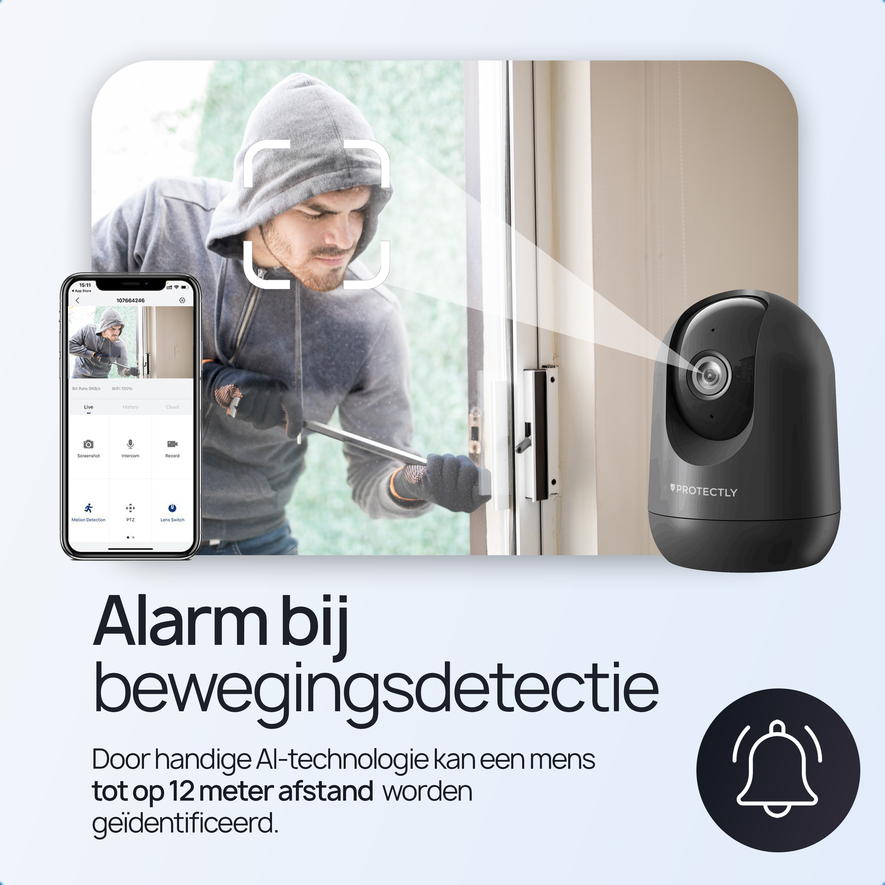 A burglar tries to break in while a security camera records.