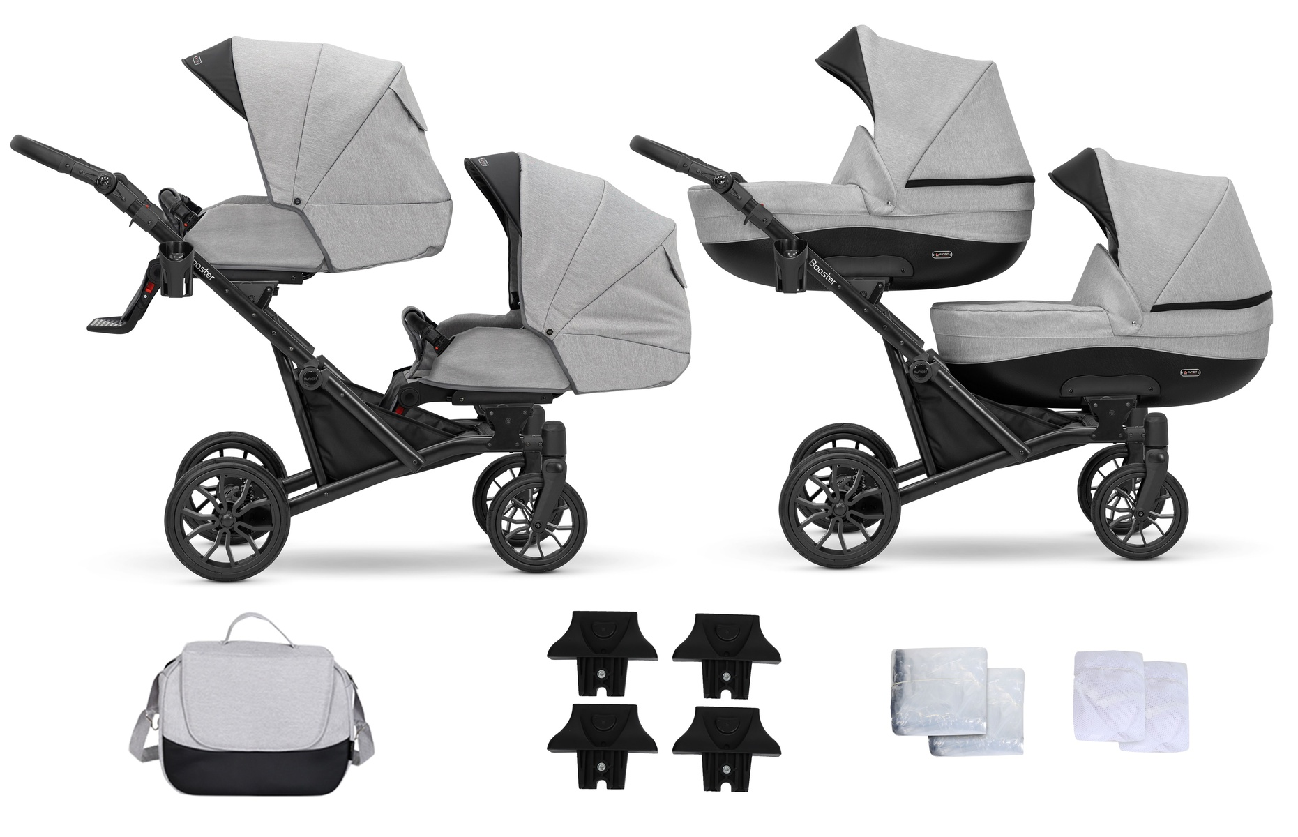 Zwei graue Kinderwagen und Zubehör: Tasche, Adapter und Bezüge.