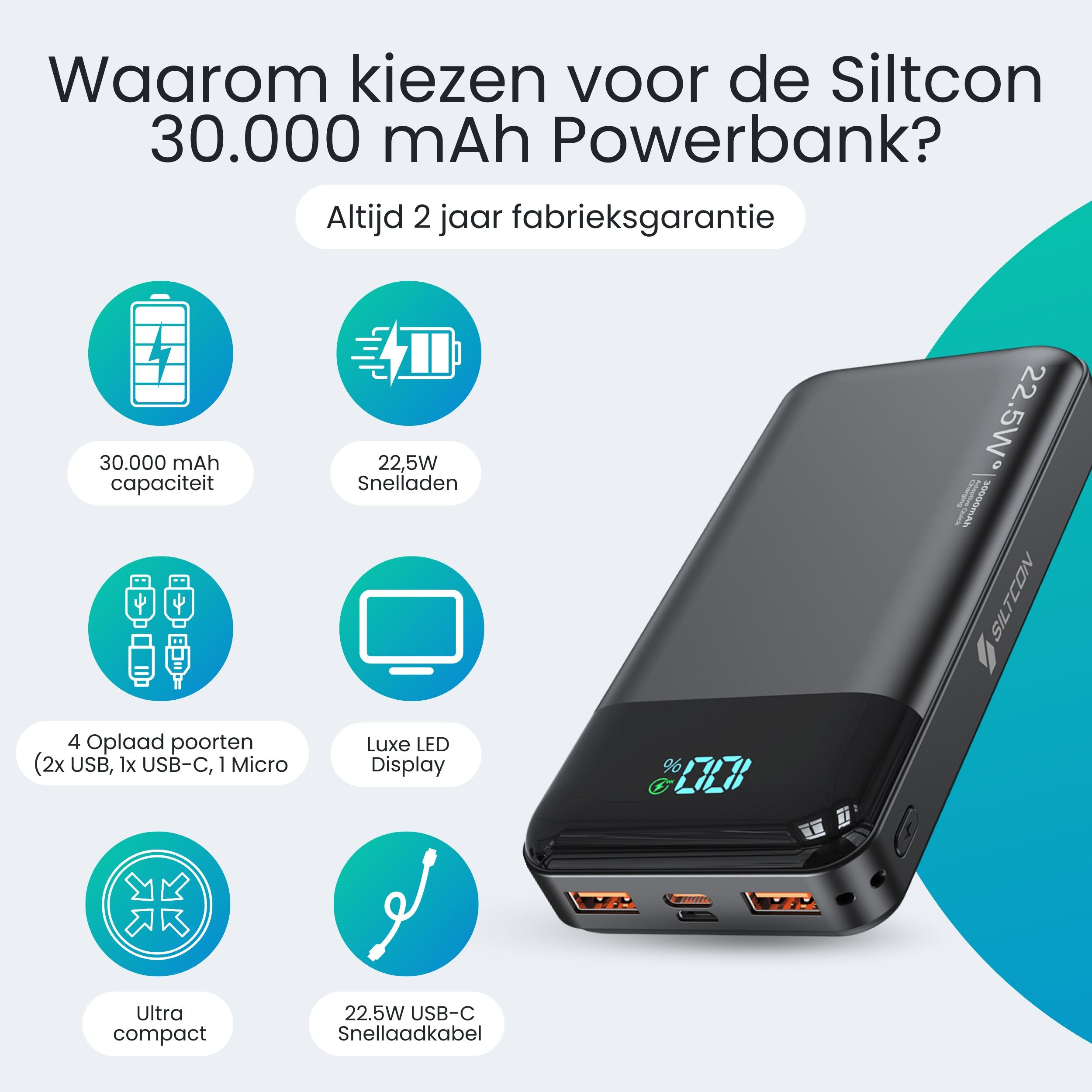 Black 30,000 mAh power bank with 4 ports and LED display.