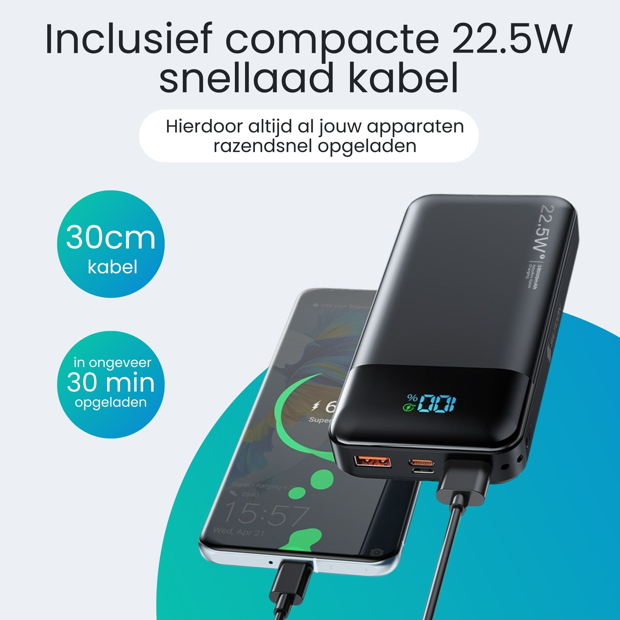 Black smartphone being charged by a black power bank via cable.
