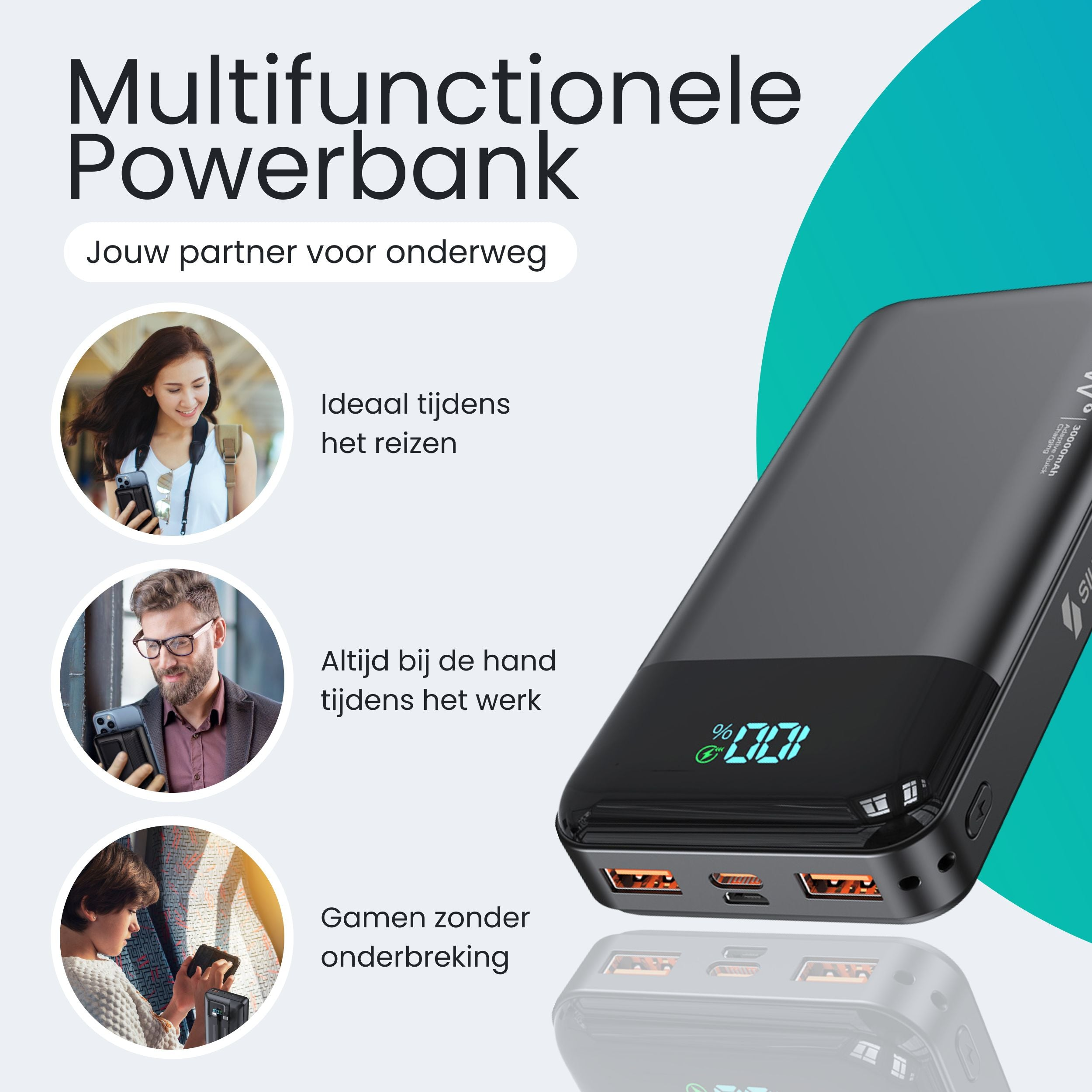 A black power bank with three USB ports and a digital display.